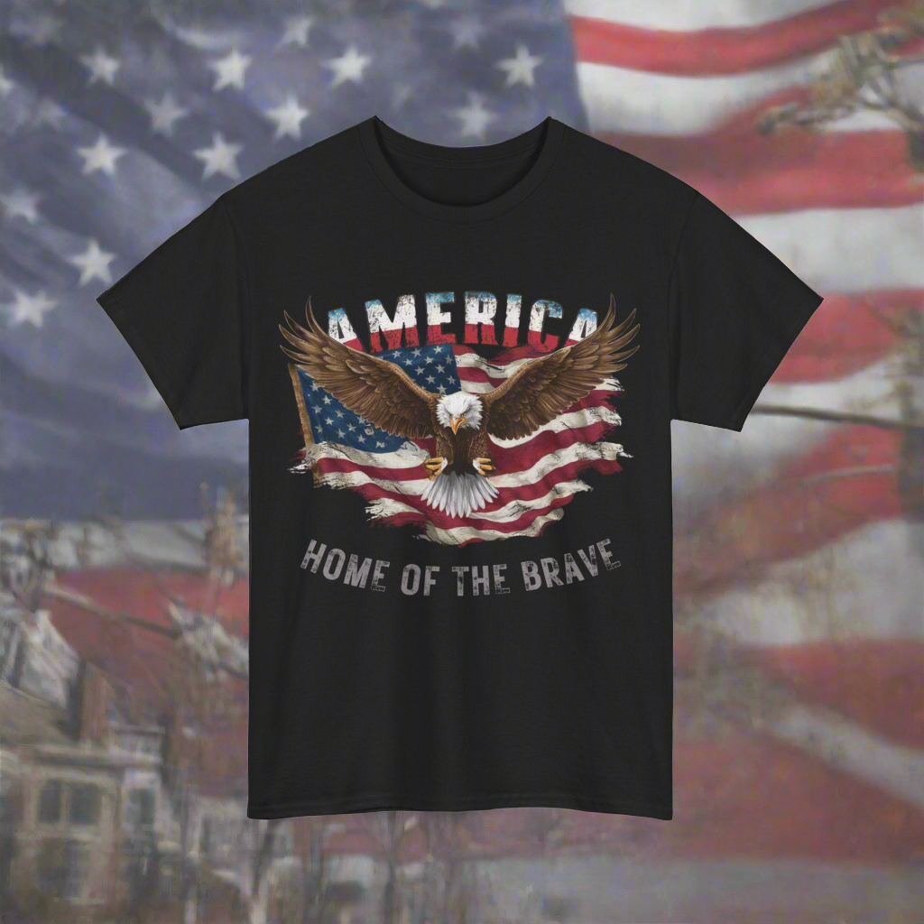 A black T-shirt featuring a bald eagle flying in front of a tattered American flag with the text "America Home of the Brave.