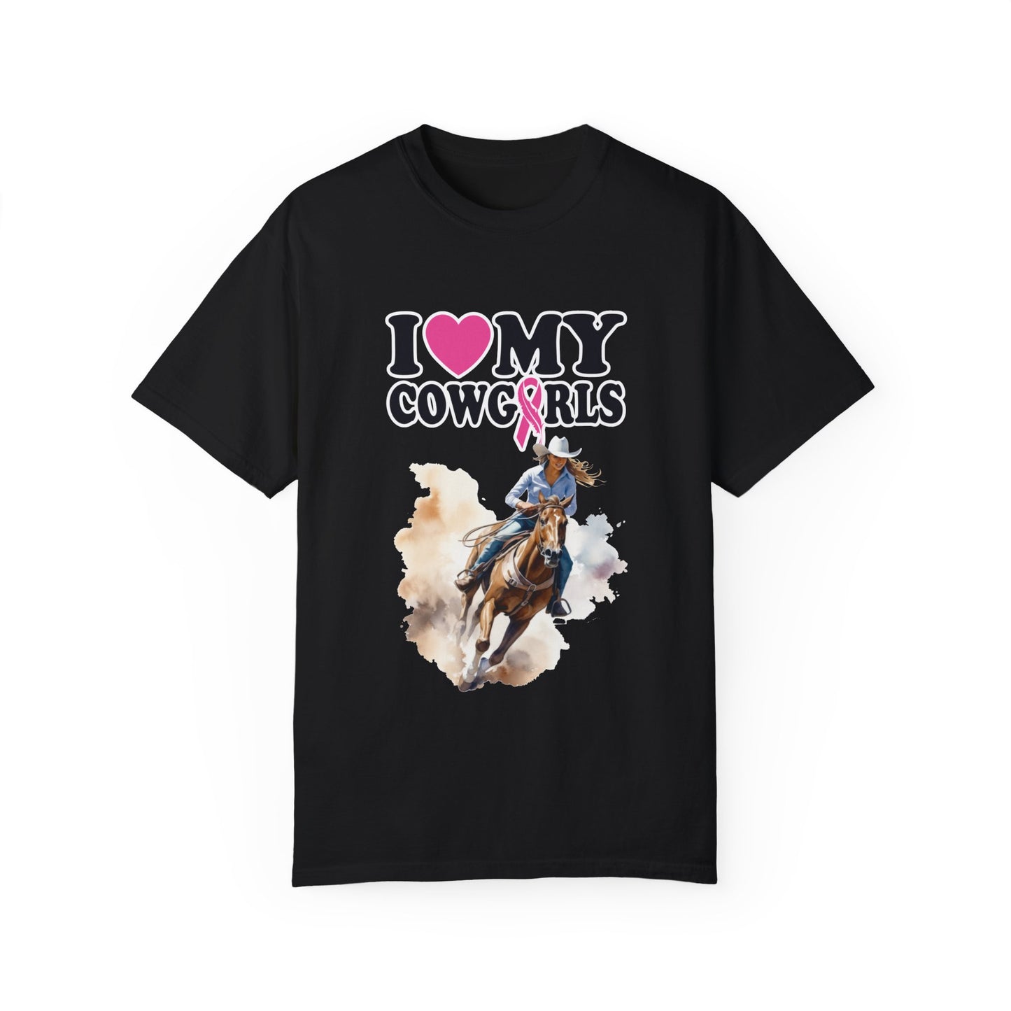 A black T-shirt featuring the text "I ♥️ My Cowgirls," with a pink ribbon and an illustration of a cowgirl riding a horse, crafted from 100% ring-spun cotton for exceptional softness is called the Stylish Comfort with Unisex Comfort Colors 1717 Garment-Dyed T-Shirt - I LOVE MY COWGIRLS BREAST CANCER AWARENESS.