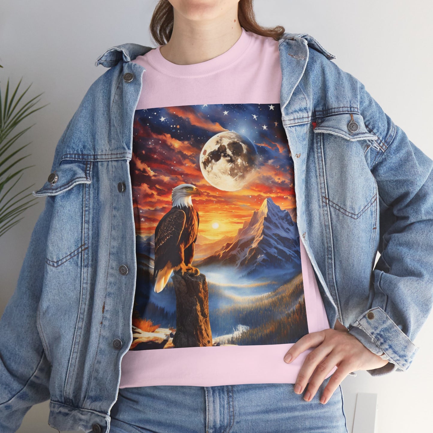 Unisex Heavy Cotton Tee - Unity's Watch: A Bald Eagle's Vigil Beneath the Stars and Stripes