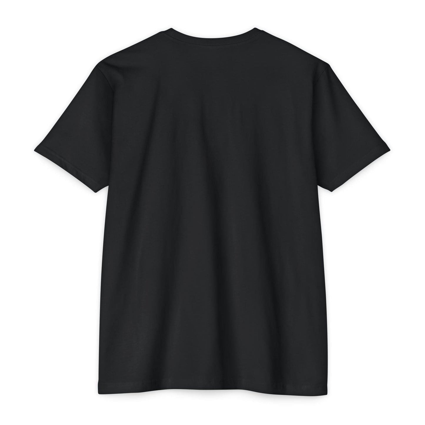 The Unisex CVC Jersey T-shirt - BUCK BASIN TRADING BARK LOGO, a classic fit plain black T-shirt made from a comfortable cotton polyester blend, is displayed with the back facing forward against a white background.