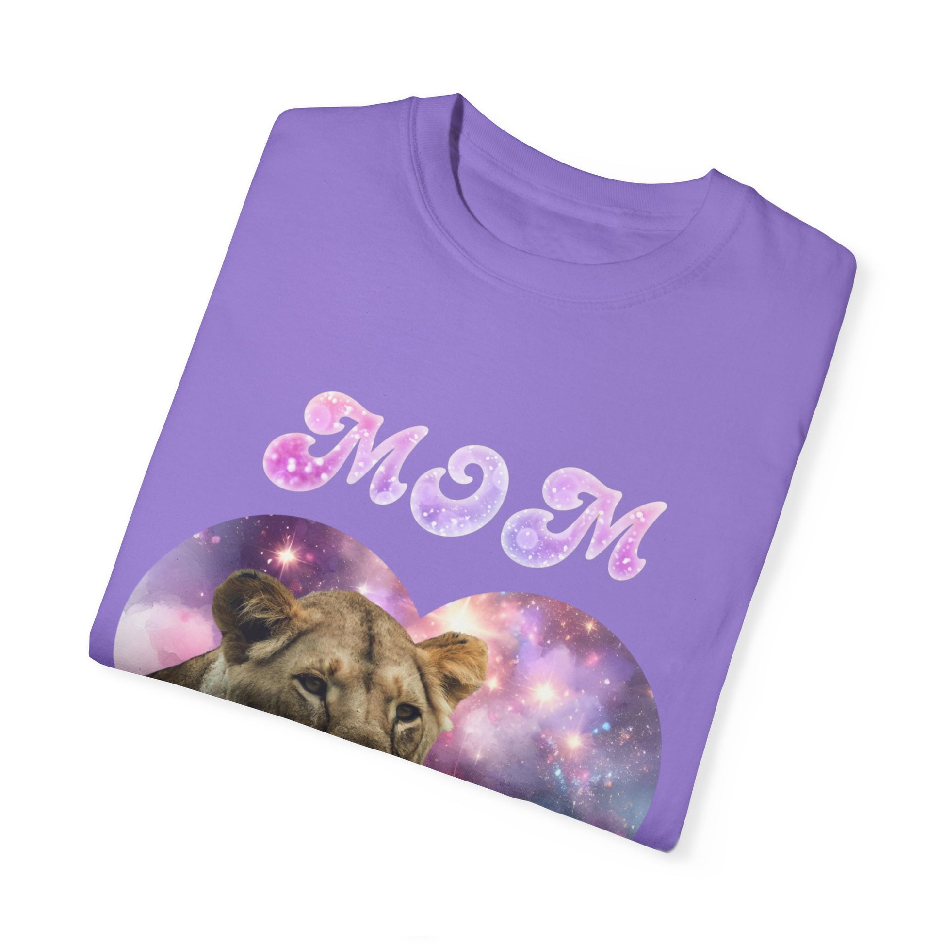 Folded Stylish Comfort with Unisex Comfort Colors 1717 Garment-Dye- T-shirt- Heart of the Cosmos: Mom's Lioness Legacy, ideal for animal apparel enthusiasts