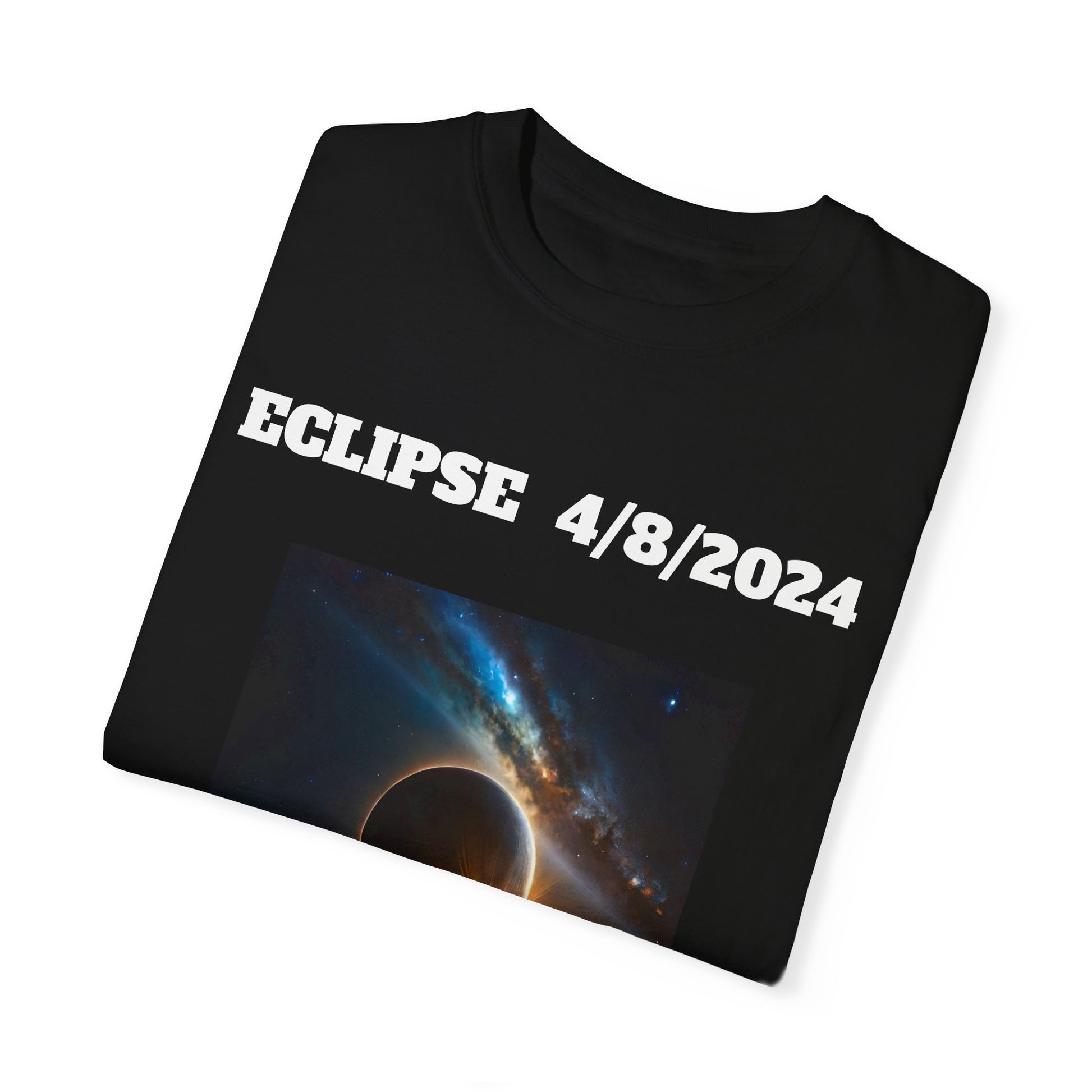 Stylish Comfort's Unisex Comfort Colors 1717 Garment-Dyed T-Shirt in Black features an "Eclipse 4/8/2024" design printed over a solar eclipse image set against a starry sky. Crafted from 100% ring-spun cotton, this T-shirt offers enduring comfort and style.