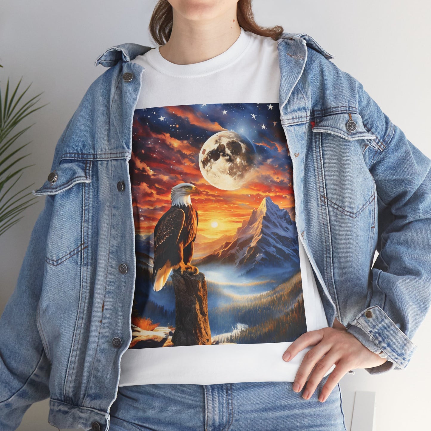 Unisex Heavy Cotton Tee - Unity's Watch: A Bald Eagle's Vigil Beneath the Stars and Stripes