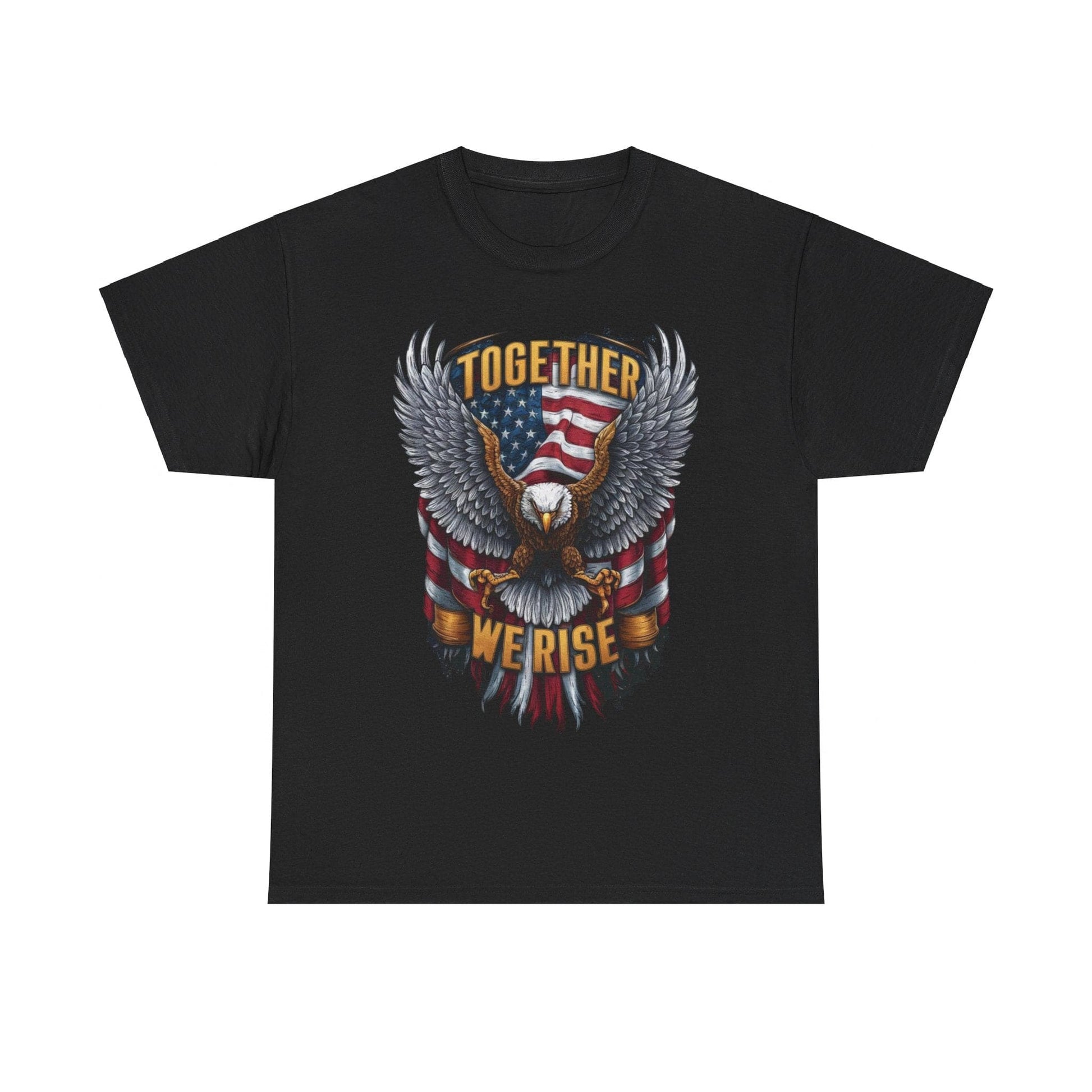 Unisex Heavy Cotton Tee in a classic fit, showcasing an eagle with spread wings over an American flag design. Made from sustainably sourced cotton, this black T-shirt allows you to embrace your American pride with the compelling message "Together We Rise.