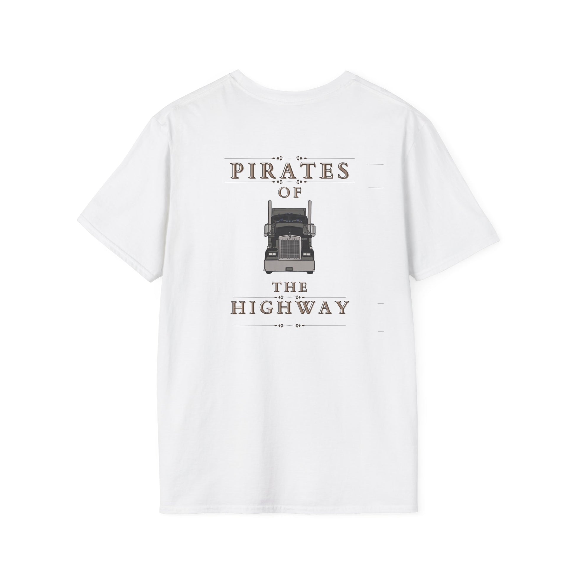 This unisex soft-style T-shirt, named "PIRATES OF THE HIGHWAY," showcases a graphic of a black long nose truck grill forward and is crafted from 100% cotton for lightweight comfort.