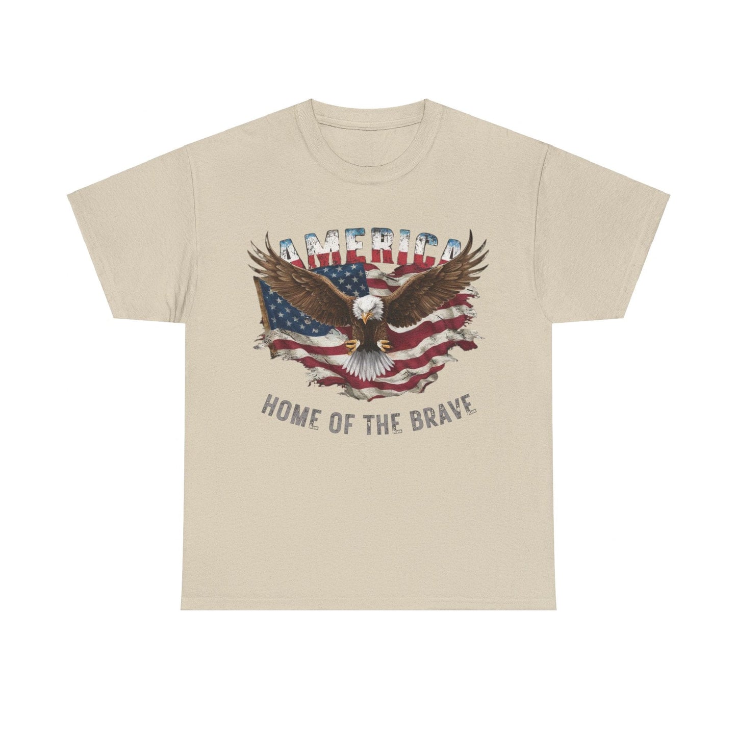 Unisex Heavy Cotton Tee - AMERICA - FLAG AND EAGLE - HOME OF THE BRAVE featuring an eagle with outstretched wings over a distressed American flag, and text saying "America Home of the Brave." Comfortable American apparel that showcases your patriotic pride.