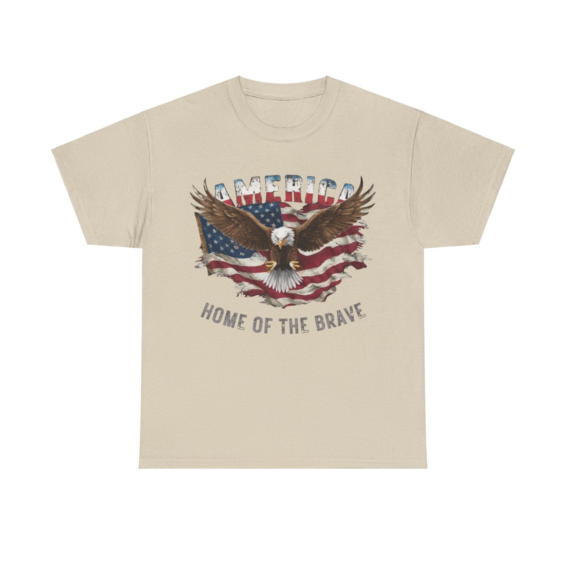 Unisex Heavy Cotton Tee - AMERICA - FLAG AND EAGLE - HOME OF THE BRAVE featuring an eagle with outstretched wings over a distressed American flag, and text saying "America Home of the Brave." Comfortable American apparel that showcases your patriotic pride.