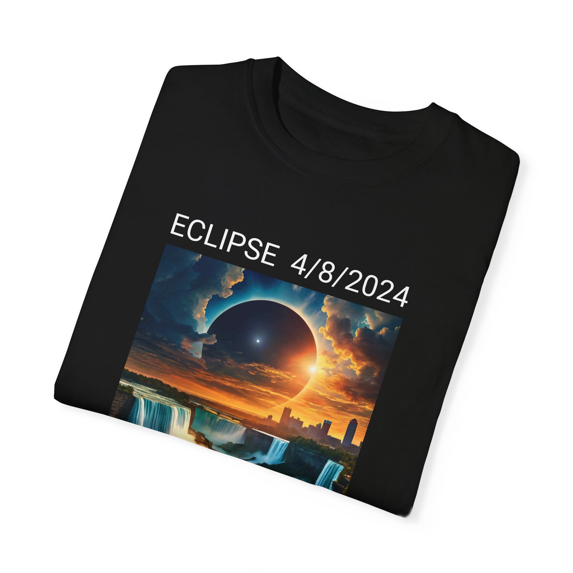 This Black T-shirt, made from ring-spun cotton, showcases a graphic of a solar eclipse over a city and waterfall. Branded as "Eclipse Niagara Falls 2024," it's designed for individuals who appreciate both style and comfort with the Unisex Comfort Colors 1717 Garment-Dyed T-Shirt.