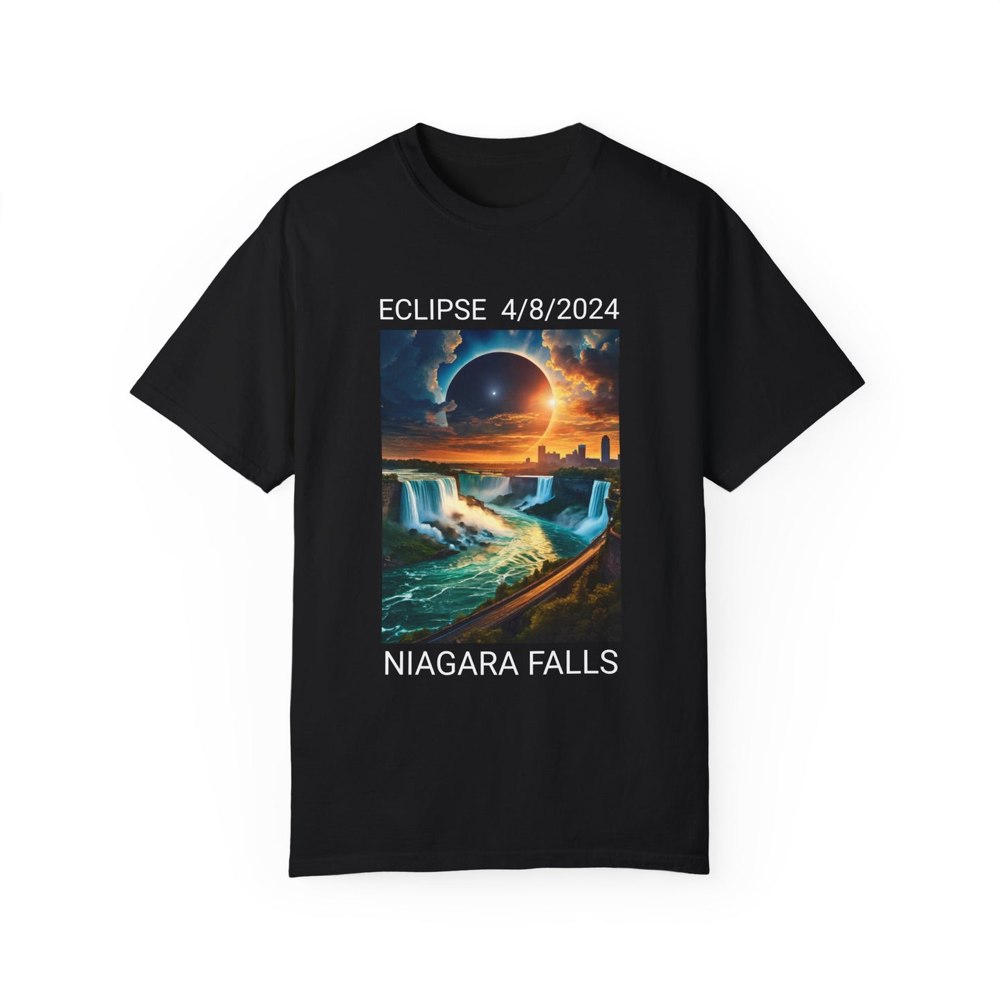 Discover the ideal fusion of style and comfort with the Stylish Comfort Unisex Comfort Colors 1717 Garment-Dyed T-Shirt in black. This tee showcases a striking image of a solar eclipse over Niagara Falls, complemented by the text "Eclipse 4/8/2024 Niagara Falls." Crafted from soft, ring-spun cotton, it ensures maximum comfort.