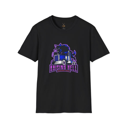 Unleash your inner rebel with the Unisex Softstyle T-Shirt featuring a vivid graphic of a blue long nose truck and purple cat, complete with the bold text "RAISING HELL" at the bottom. This black t-shirt offers both comfort and an edgy look, perfect for any daring spirit.