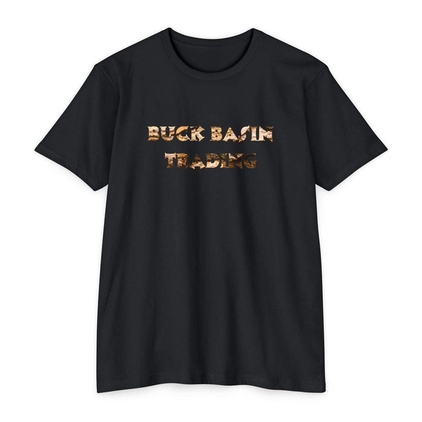 A black Unisex CVC Jersey T-shirt featuring "Buck Basin Trading" in a stylized, rustic font across the chest. Experience its super soft fabric and classic fit for a comfortable yet stylish look.