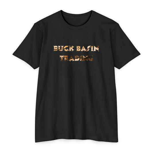 A black Unisex CVC Jersey T-shirt featuring "Buck Basin Trading" in a stylized, rustic font across the chest. Experience its super soft fabric and classic fit for a comfortable yet stylish look.