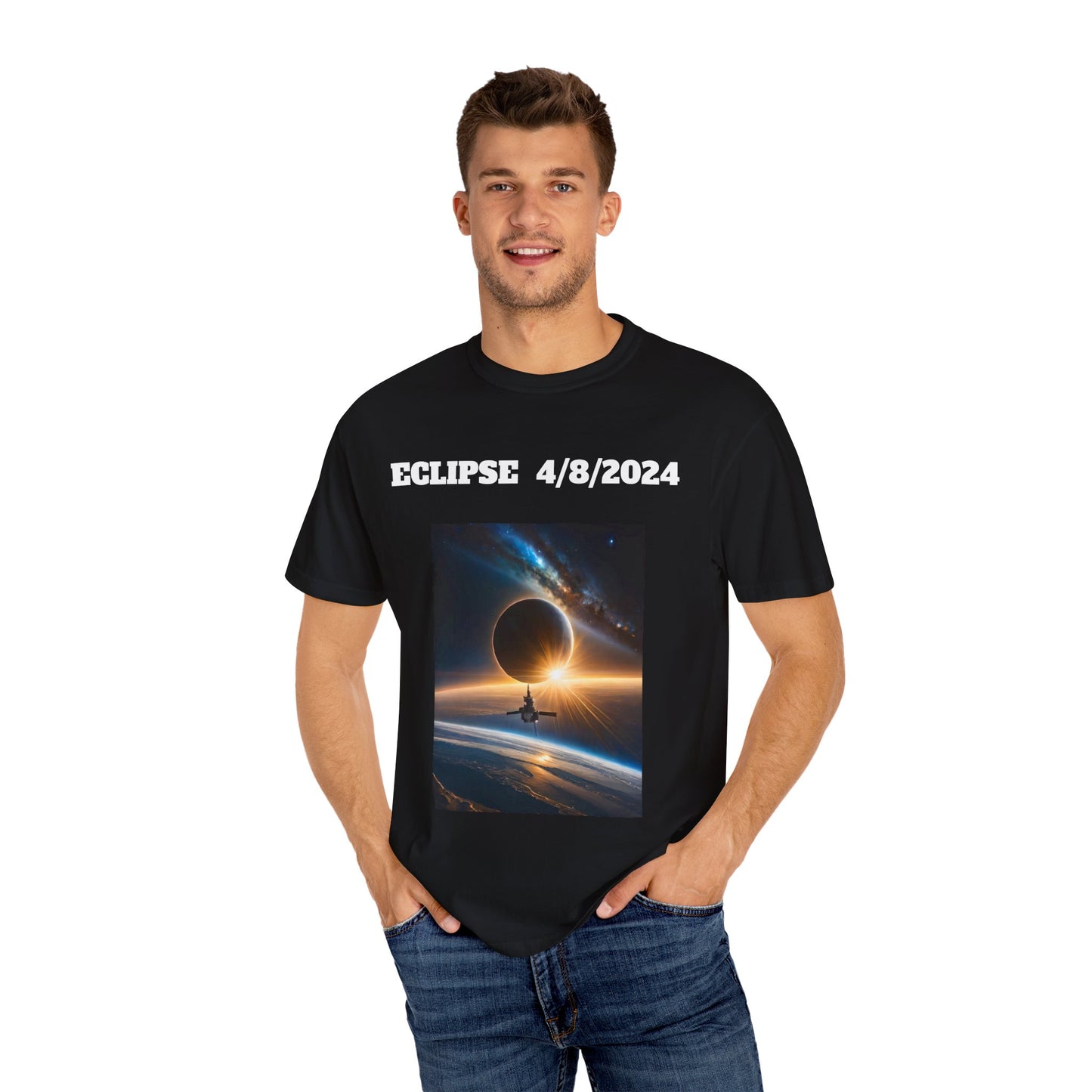 A man wearing the Stylish Comfort Unisex Comfort Colors 1717 Garment-Dyed T-Shirt, made from 100% ring-spun cotton, showcases "Eclipse 4/8/2024" text and a solar eclipse graphic, providing both style and comfort for this celestial event.