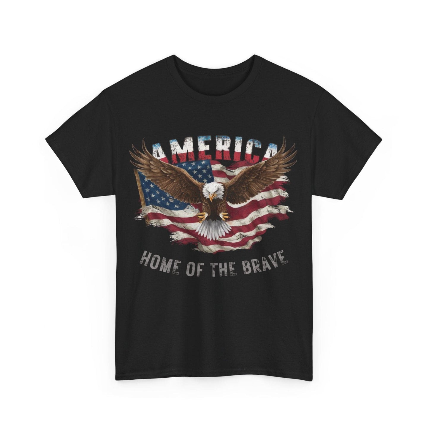 Unisex Heavy Cotton Tee in classic fit, showcasing an eagle soaring over the American flag, made from high-quality US cotton. Bold text displays "America: Home of the Brave.