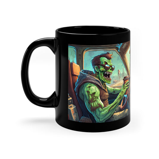 Black 11oz coffee mug with an image of a green Zombie trucker drinking coffee with sunglasses