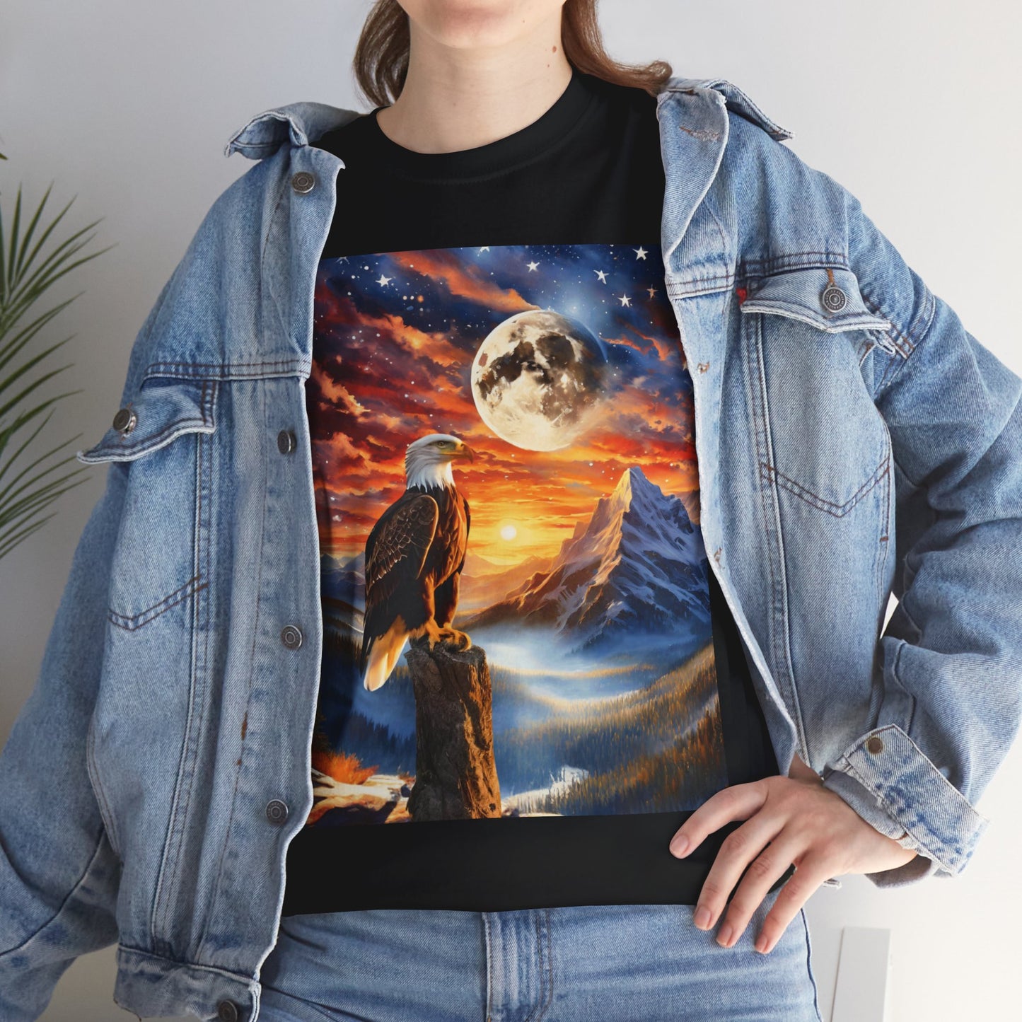 Unisex Heavy Cotton Tee - Unity's Watch: A Bald Eagle's Vigil Beneath the Stars and Stripes