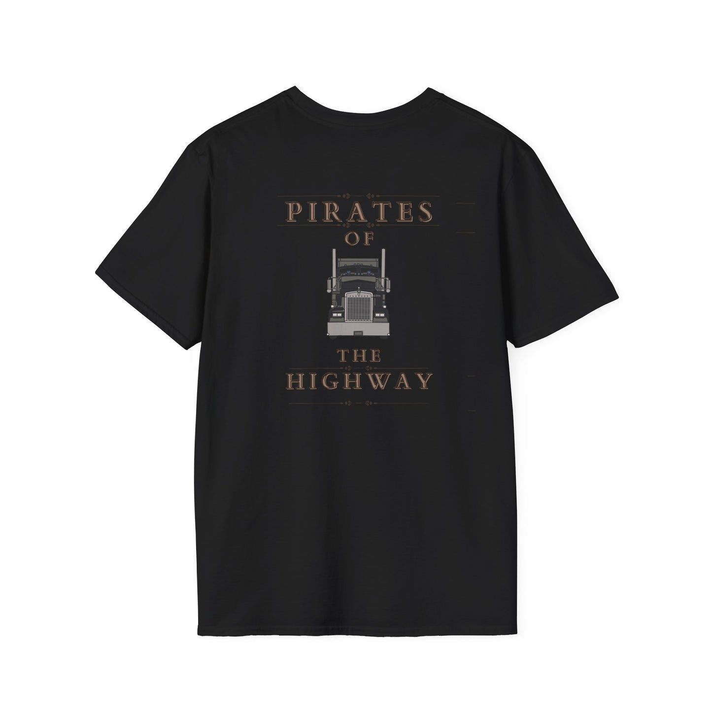 Unisex Softstyle T-Shirt featuring a "Pirates of the Highway" design with a black long nose truck grill forward graphic, crafted from 100% cotton for lightweight comfort.