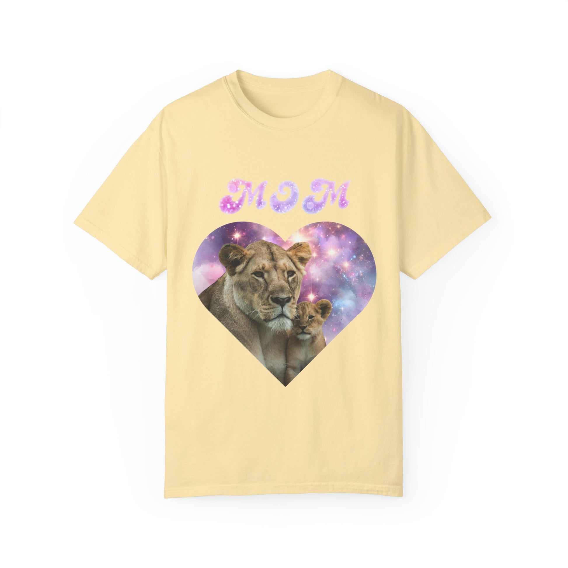 The "Heart of the Cosmos: Mom's Lioness Legacy" T-shirt from Stylish Comfort, featuring a Comfort Colors 1717 yellow T-shirt crafted from 100% ring-spun cotton, showcases "MOM" in purple above a heart-shaped lioness and cub image set against a starry background, providing both style and the distinctive softness of garment-dyed fabric.