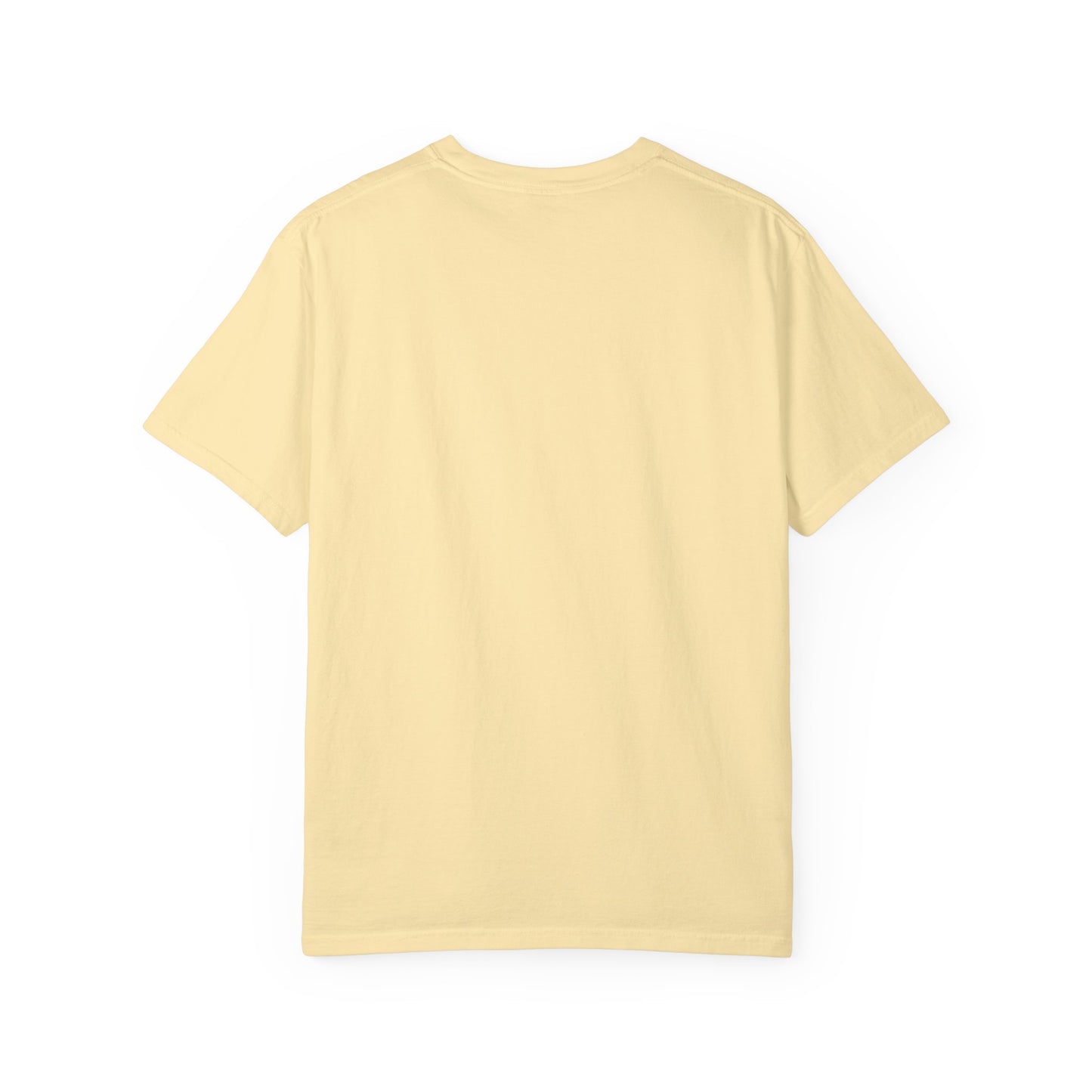 Back view of a plain, light yellow Stylish Comfort with Unisex Comfort Colors 1717 Garment-Dyed T-Shirt, bearing the "Living that Mom Life" design, crafted from soft ring-spun cotton, set against a white background.