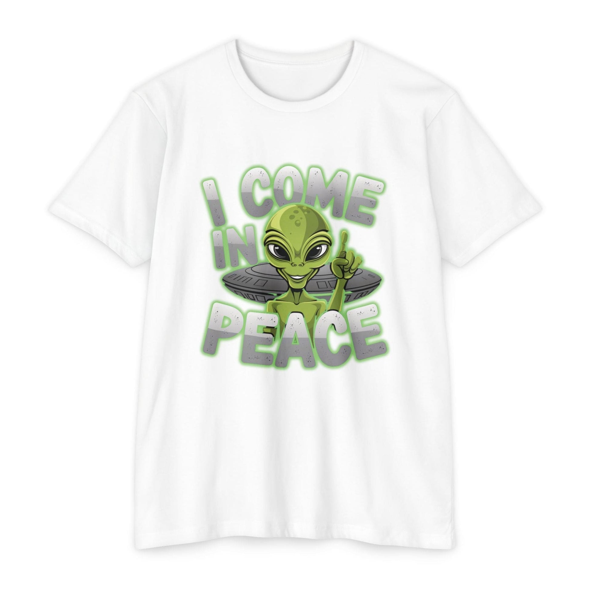 The Alien CVC Jersey T-shirt - I COME IN PEACE features a green alien illustration and the phrase "I COME IN PEACE," making it perfect for sci-fi lovers. Its casual style provides an ideal laid-back look.