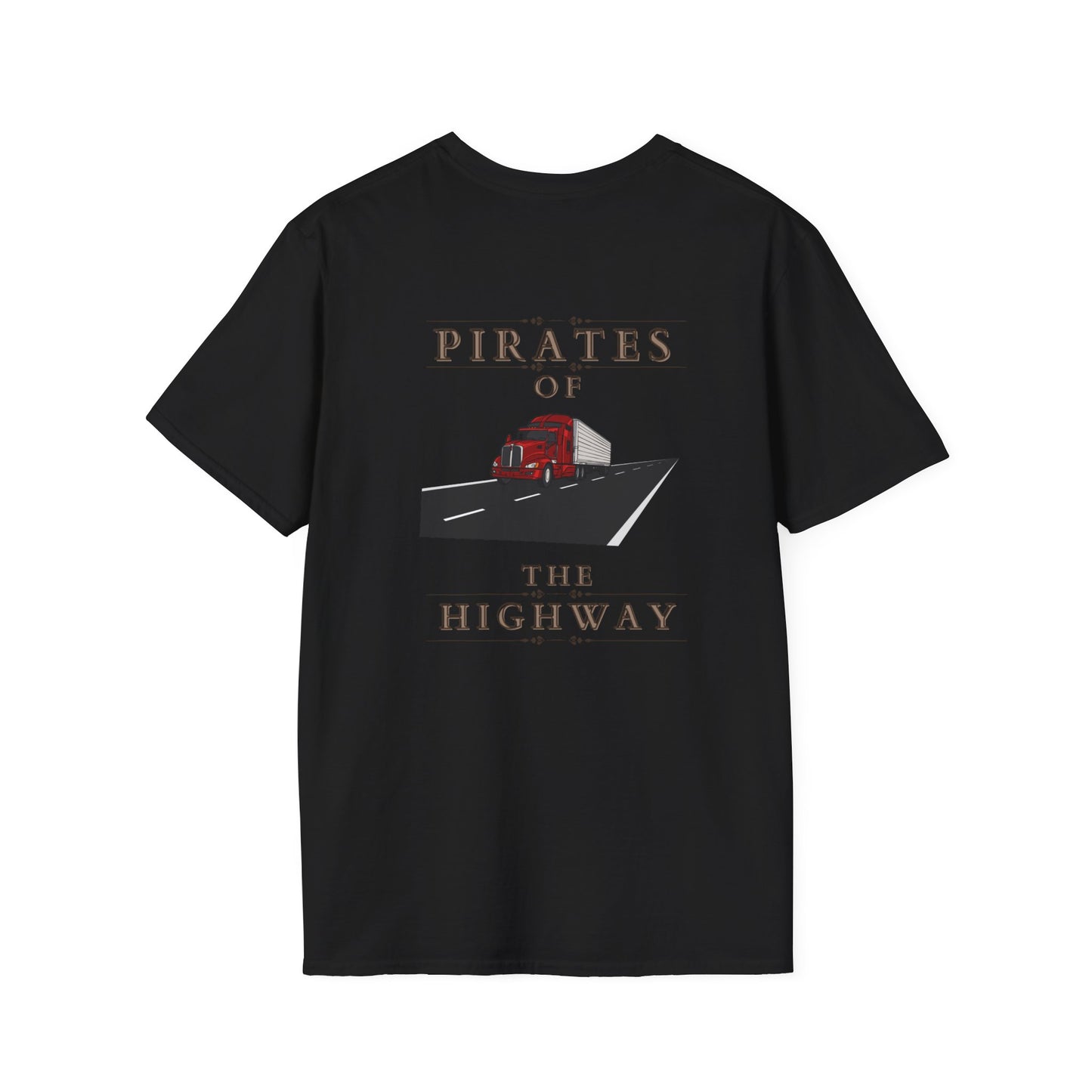 This Unisex Softstyle T-Shirt, named "PIRATES OF THE HIGHWAY - RED TRUCK WITH VAN," features a vibrant design of a red semi-truck cruising down the highway on a soft black t-shirt. Made from 100% cotton, it showcases the phrase "Pirates of the Highway" above and below the image for ultimate comfort and style.