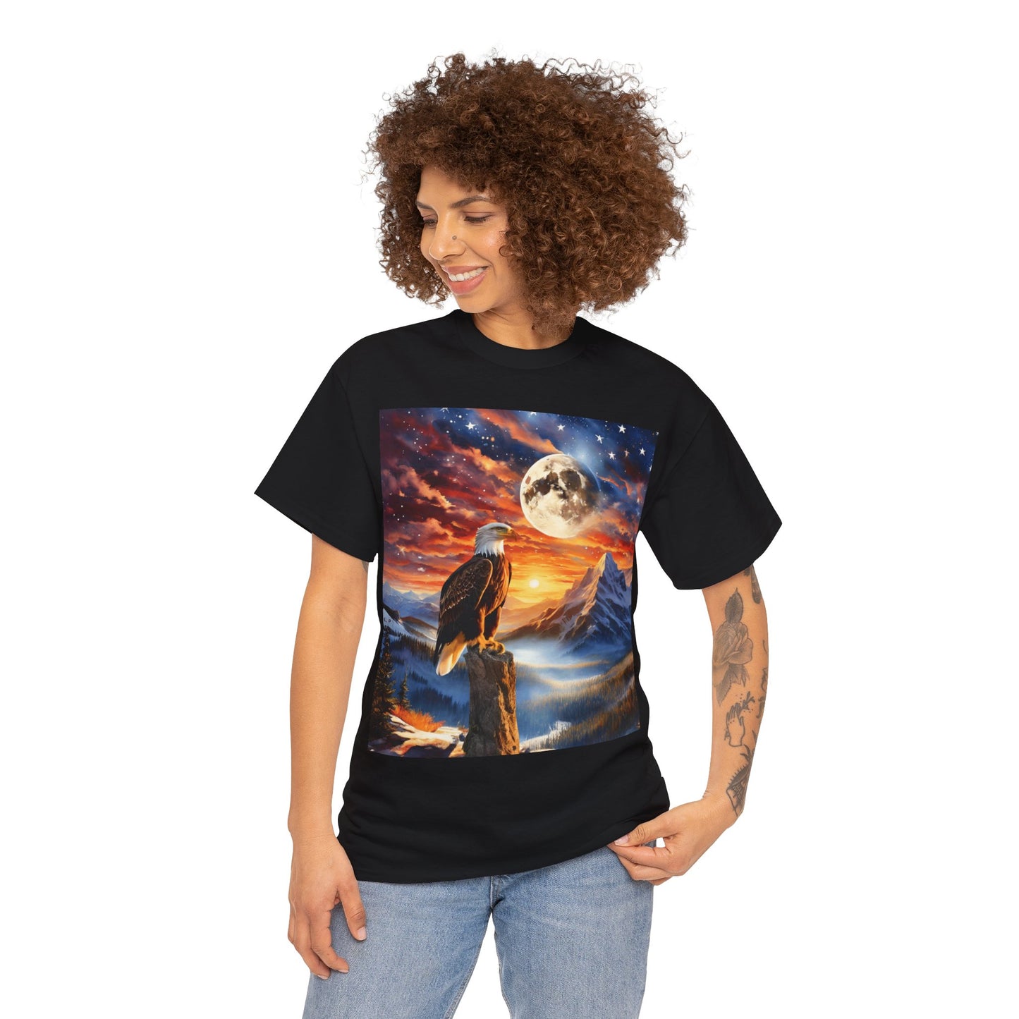 Unisex Heavy Cotton Tee - Unity's Watch: A Bald Eagle's Vigil Beneath the Stars and Stripes