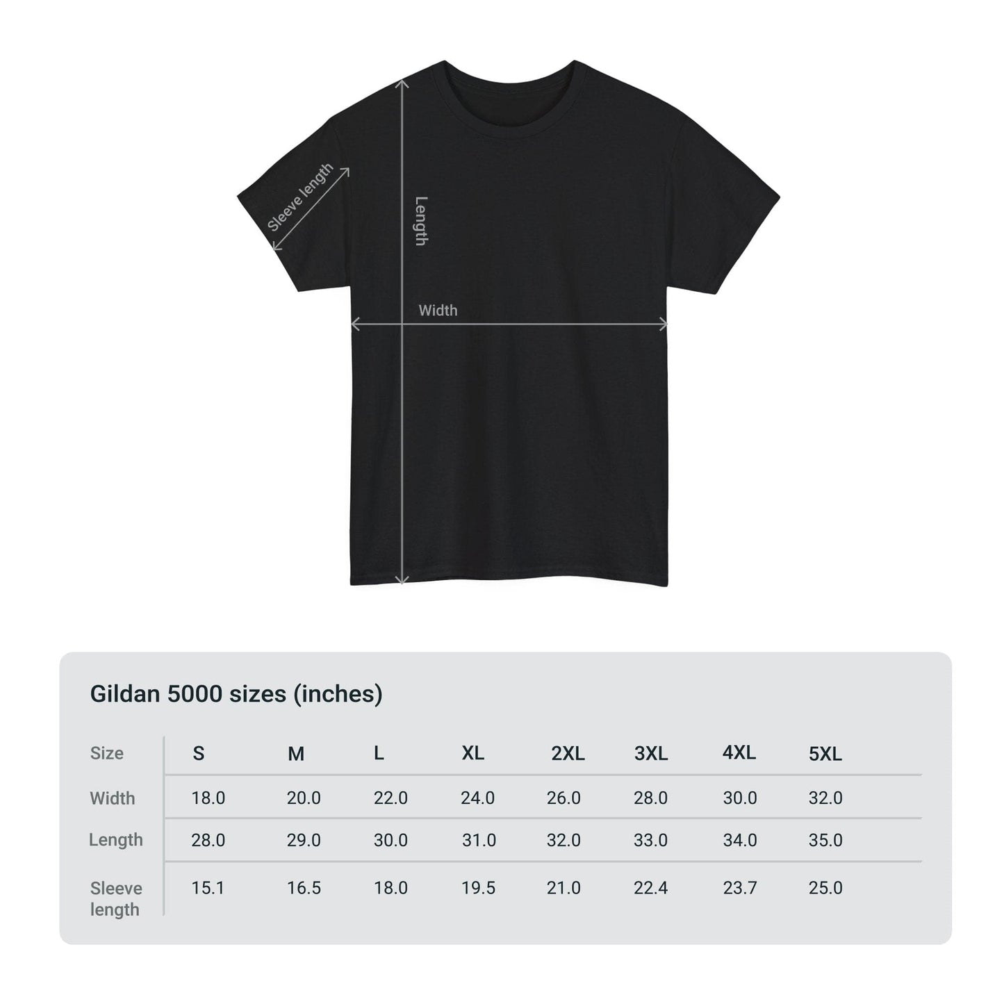 The Unisex Heavy Cotton Tee featuring the "AMERICA - FLAG AND EAGLE - TOGETHER WE RISE" design is crafted from sustainably sourced cotton. It is available in sizes ranging from S to 5XL, with a detailed size chart below that provides measurements for width, length, and sleeve length in inches.