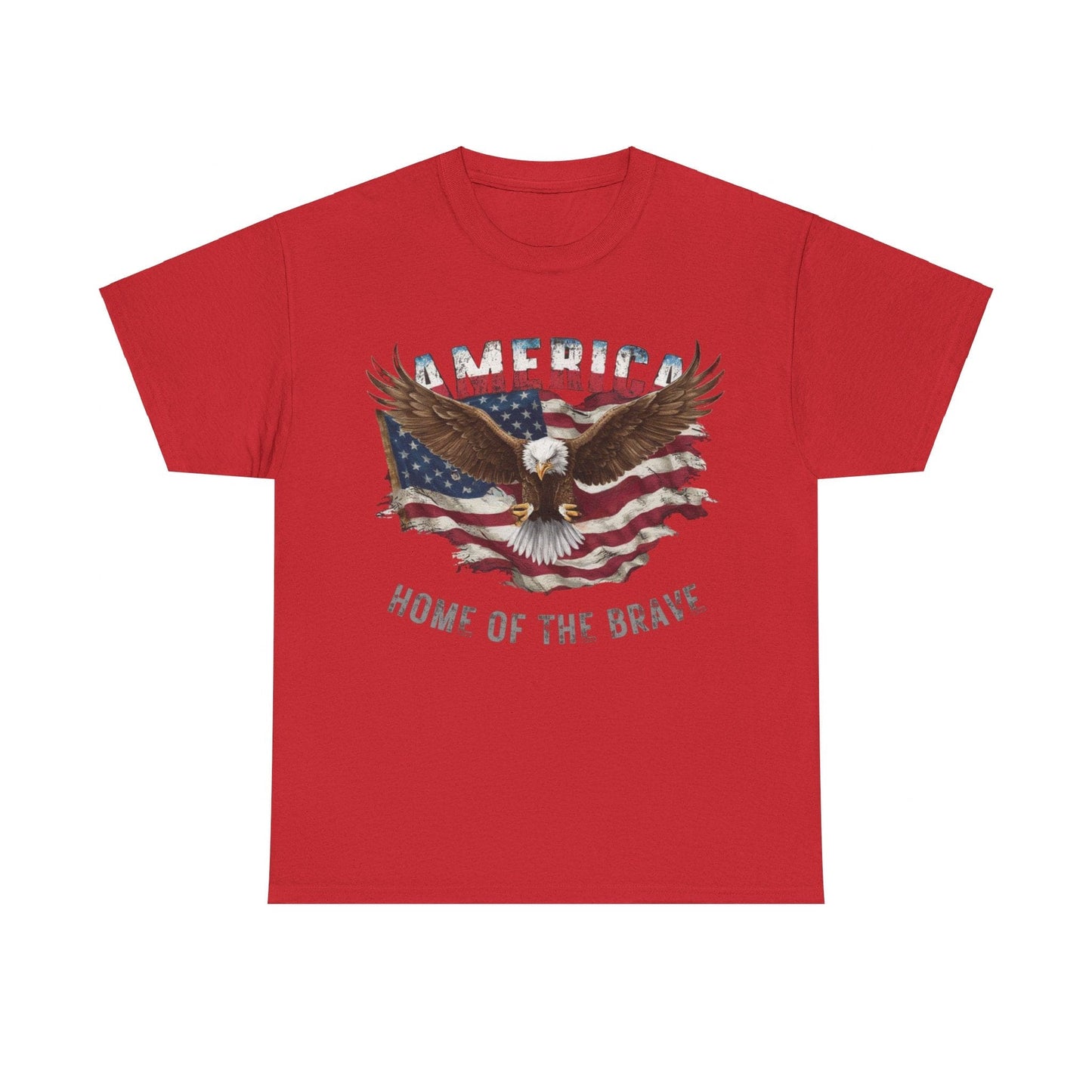 Unisex Heavy Cotton Tee crafted from sustainable US cotton, in a classic fit and red color, showcasing an eagle with wings spread before an American flag. The design includes the text "America" and "Home of the Brave.