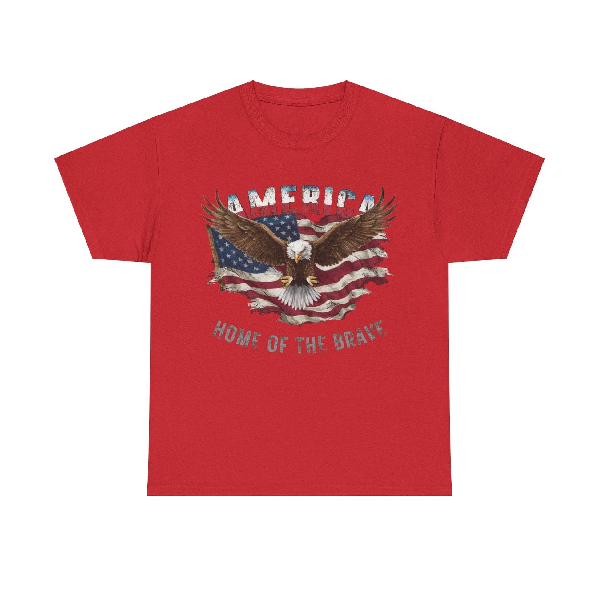 Unisex Heavy Cotton Tee crafted from sustainable US cotton, in a classic fit and red color, showcasing an eagle with wings spread before an American flag. The design includes the text "America" and "Home of the Brave.