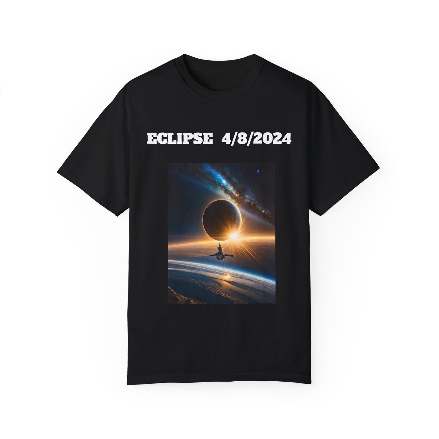 This black T-shirt from the Unisex Comfort Colors 1717 Garment-Dyed collection, crafted from 100% ring-spun cotton, features a captivating solar eclipse design with "ECLIPSE 4/8/2024" printed above it, offering both ultimate comfort and style.