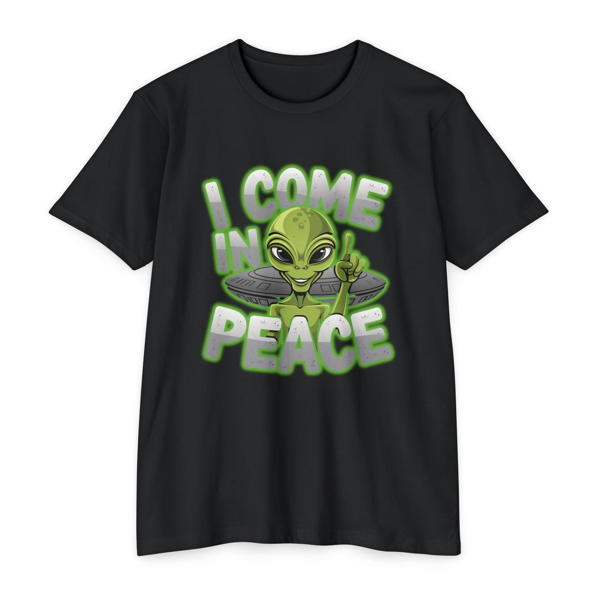 Perfect for sci-fi lovers, the Alien CVC Jersey T-shirt - I COME IN PEACE features a black backdrop with a green alien giving a peace sign and the message "I COME IN PEACE" in bold green and white font. Ideal for casual wear, show off your extraterrestrial style!