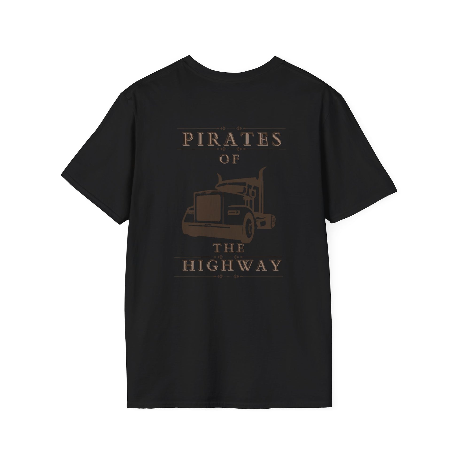 Unisex black t-shirt showcasing the "Pirates of the Highway" text and a brown long nose truck graphic on the back. Made from 100% cotton, this soft-style t-shirt provides all-day comfort.