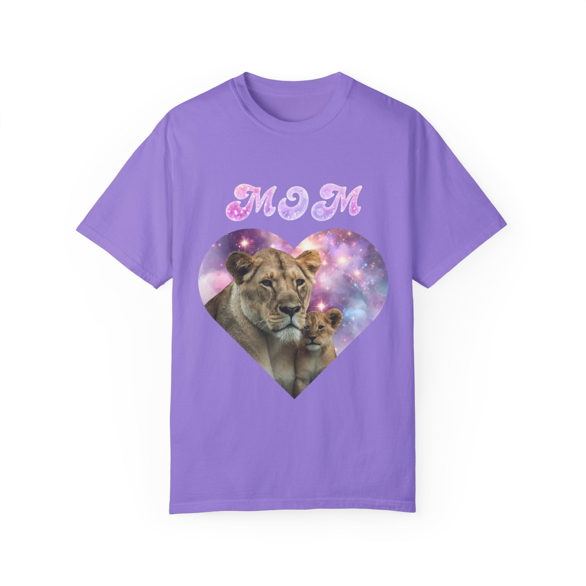 Stylish Comfort with Unisex Comfort Colors 1717 Garment-Dye- T-shirt- Heart of the Cosmos: Mom's Lioness Legacy featuring a lioness and her cub in a heart-shaped graphic, overlaid with the word "mom" in sparkly pink font, perfect for Mother's Day.