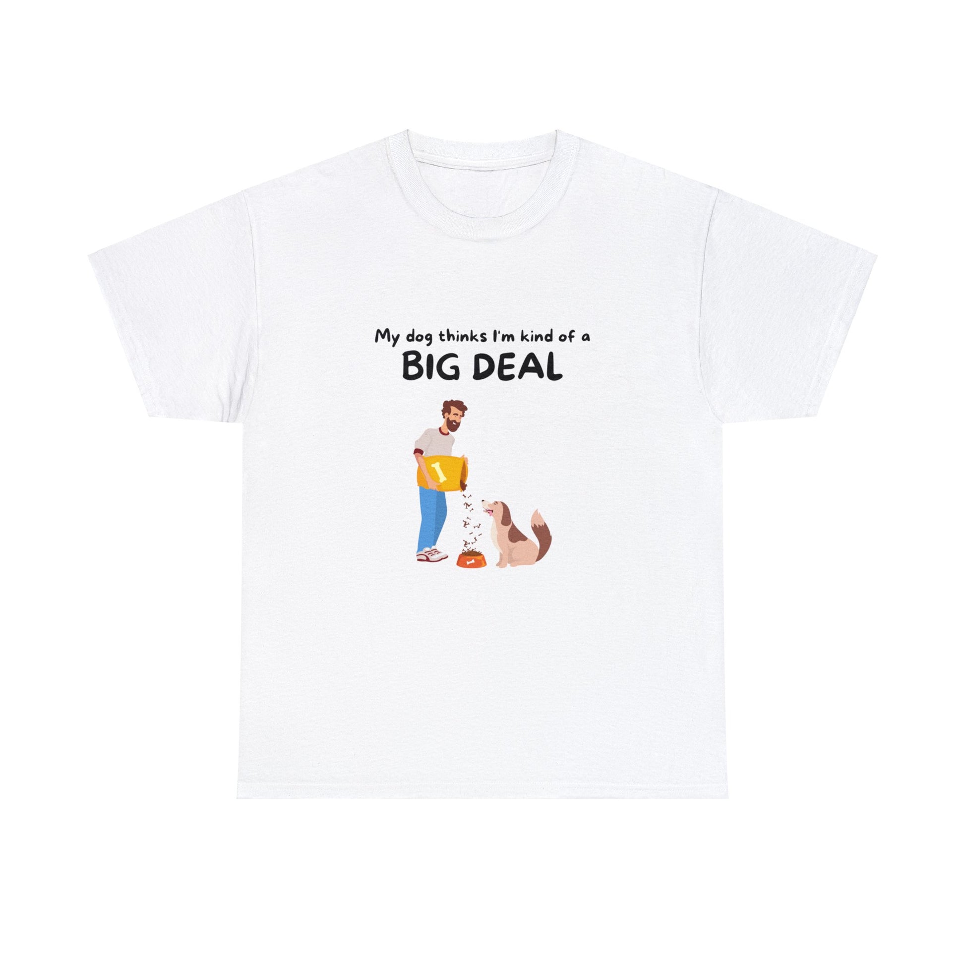 Introducing the Unisex Heavy Cotton Tee - "MY DOG THINKS I'M A BIG DEAL," a white T-shirt with a seamless design showcasing an illustration of a person holding a box and a dog sitting. It's the ideal choice for any dog lover looking to combine style with sustainability.