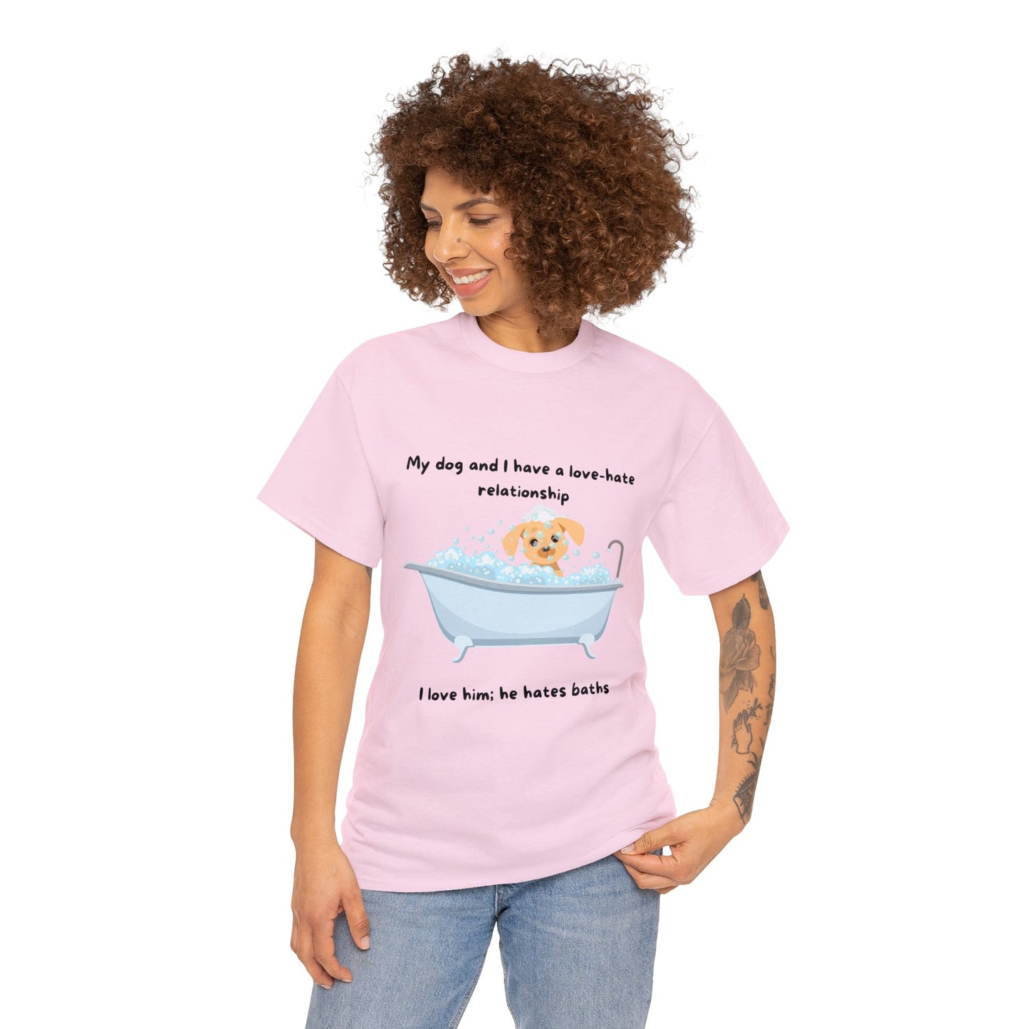 Pink dog bath relationship t-shirt with a cartoon dog bathing.