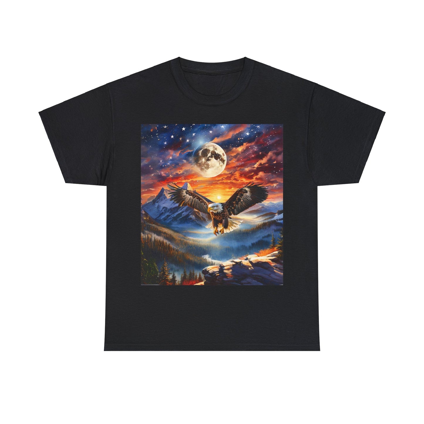 Patriotic black Unisex Heavy Cotton Tee - Stars, Stripes, and Soaring Spirit: A Bald Eagle's Tribute featuring an illustration of an eagle flying over mountains with a full moon and colorful sky in the background, crafted from sustainably sourced cotton. Classic fit for timeless appeal.