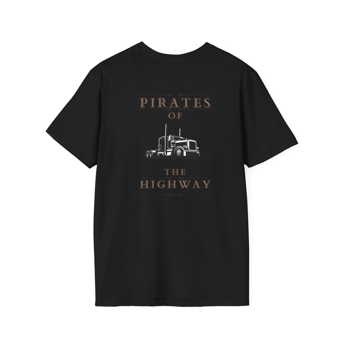 Unisex Softstyle T-Shirt showcasing a black long nose truck illustration with the text "PIRATES OF THE HIGHWAY," made from soft cotton for exceptional casual comfort.