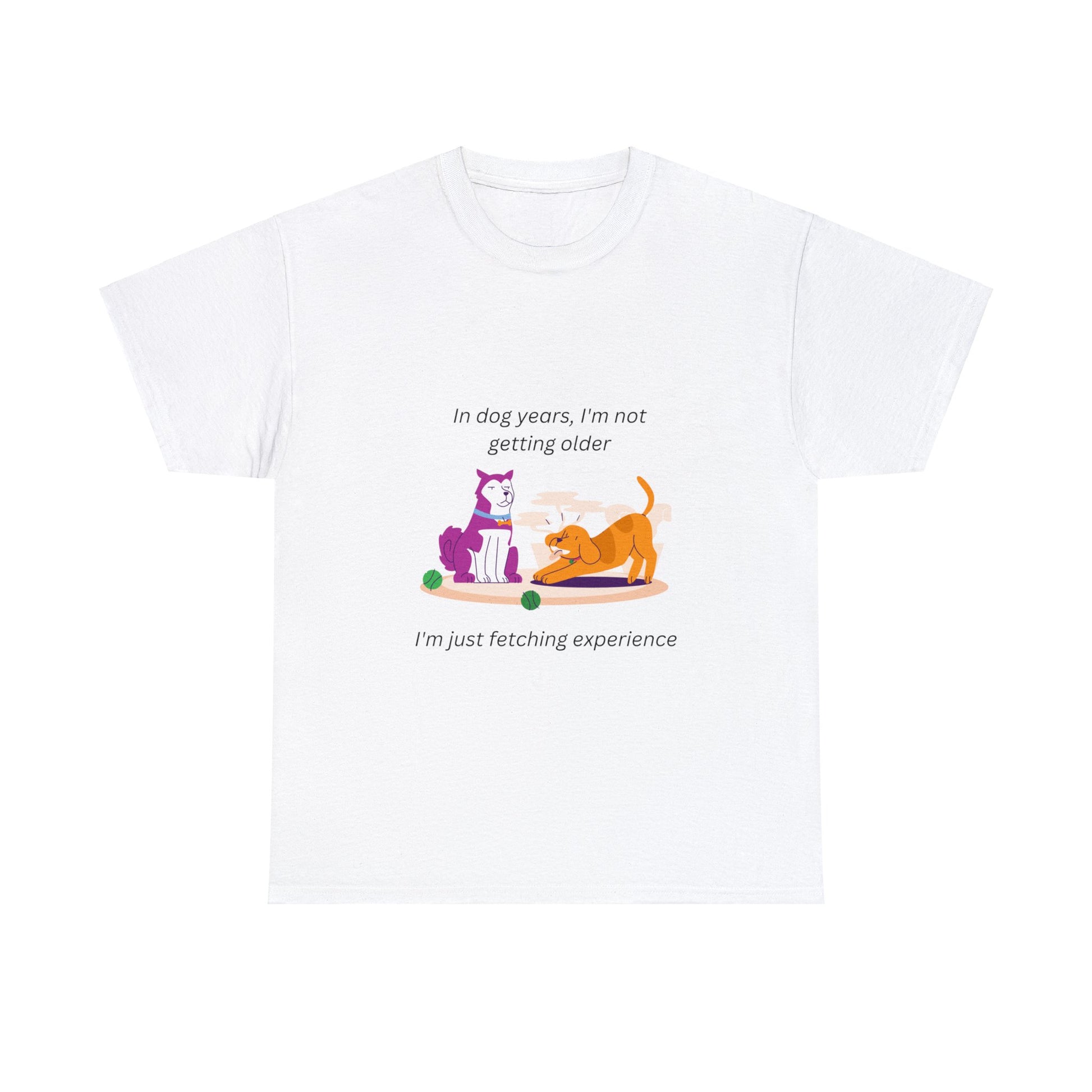 A  white shirt that says "I'm not getting old; in dog years I'm fetching experience." With a silly cartoon of two dogs. One serious, the other playful