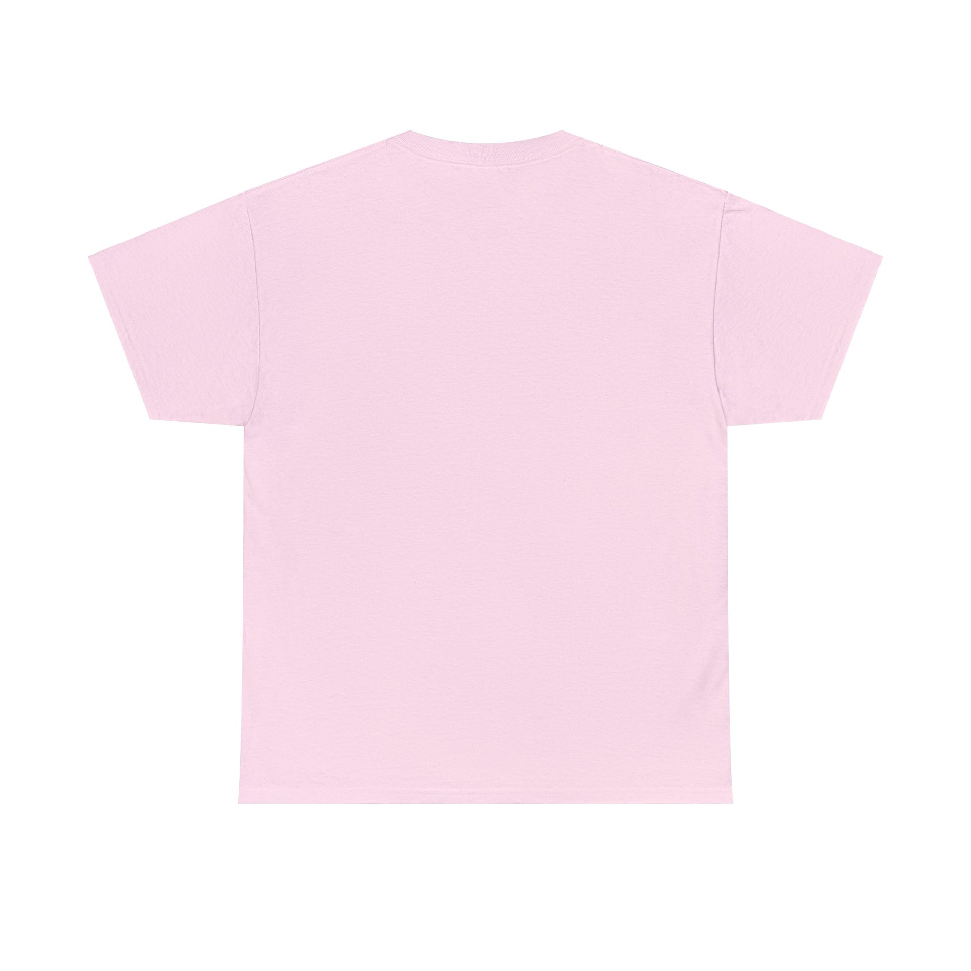 The back view of the Unisex Heavy Cotton Tee - MY DOGS NOT STUBBORN- BEAGLE2, displayed against a white background, showcases its light pink color. It is made from 100% cotton for comfort and crafted through sustainable production methods.