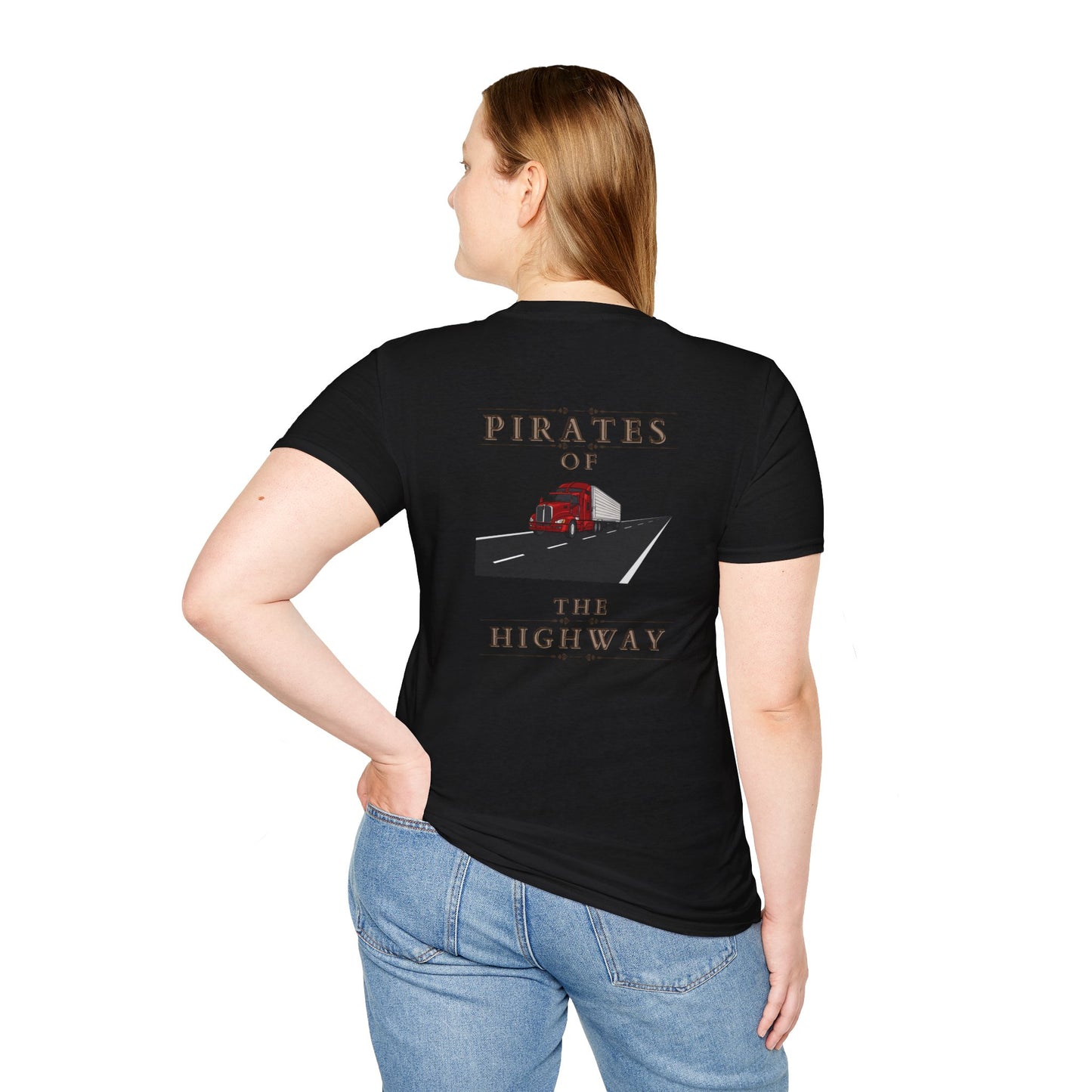 Someone is wearing the "Unisex Softstyle T-Shirt - PIRATES OF THE HIGHWAY" featuring a red truck and van graphic on the back. The black T-shirt is made from 100% cotton.