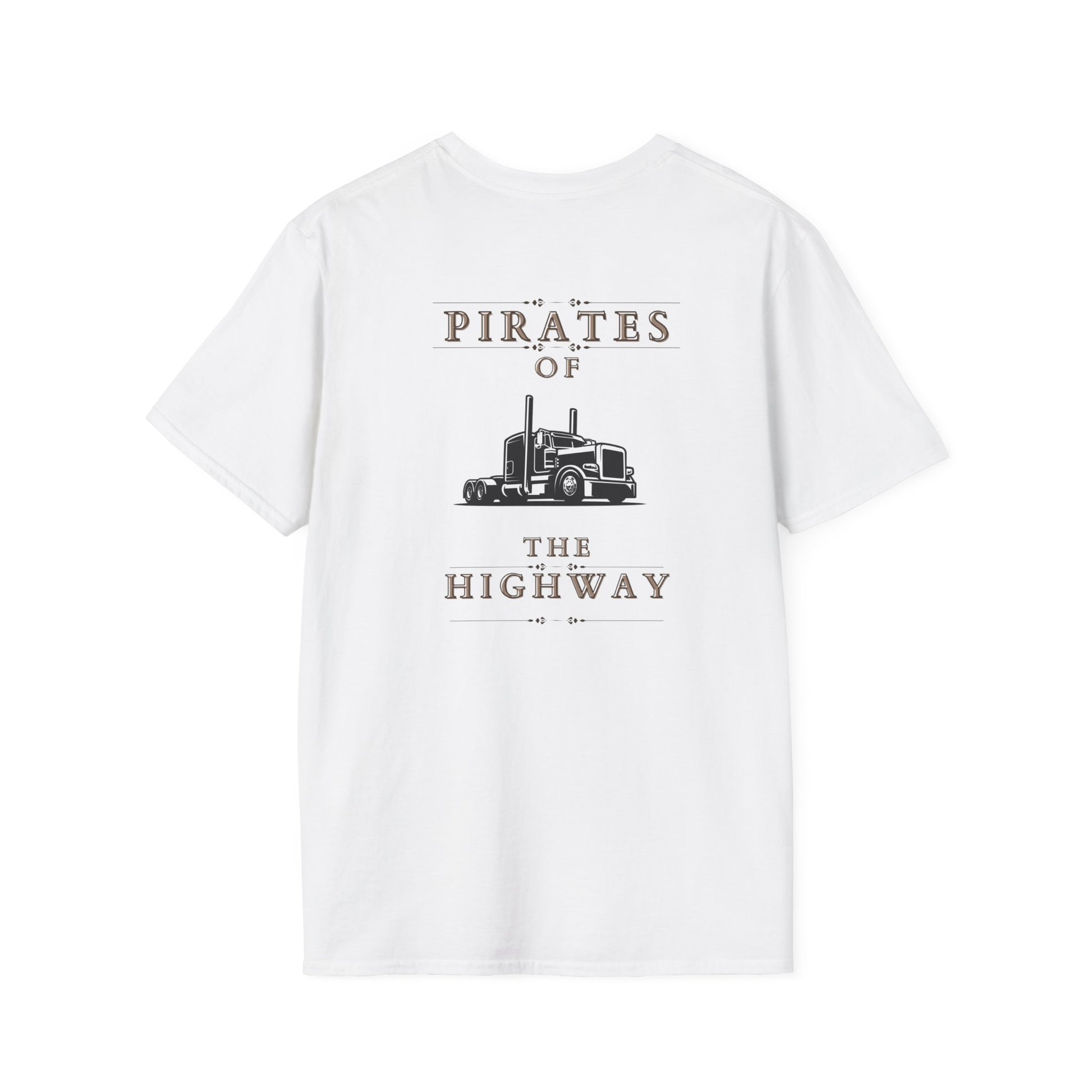 Unisex Softstyle T-shirt showcasing a black long nose truck graphic and "Pirates of the Highway" on the back, made from soft cotton for casual comfort.