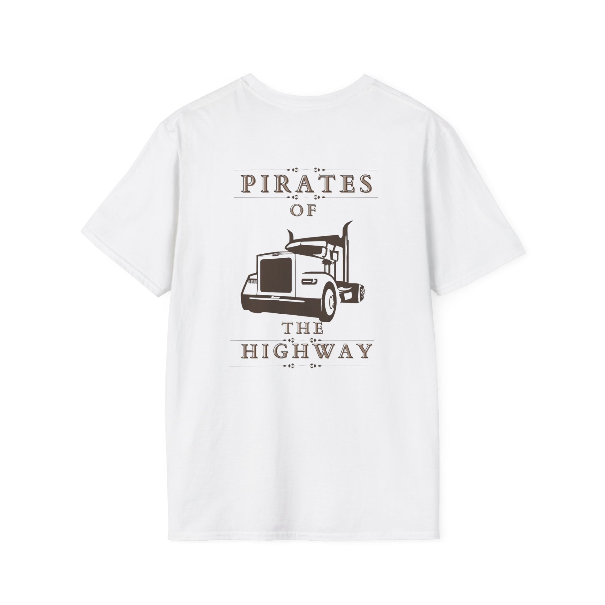 The Unisex Softstyle T-Shirt, titled "PIRATES OF THE HIGHWAY- BROWN LONG NOSE TRUCK," is crafted from 100% cotton, featuring a stylish black graphic of a semi-truck with the text "Pirates of the Highway," combining both comfort and style.