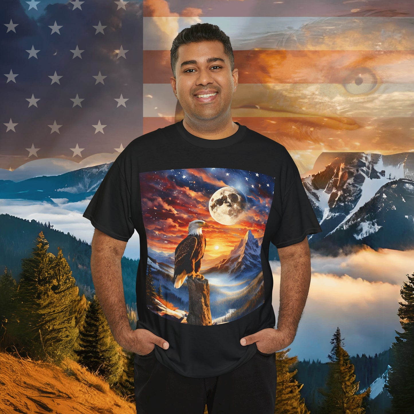 Unisex Heavy Cotton Tee - Unity's Watch: A Bald Eagle's Vigil Beneath the Stars and Stripes