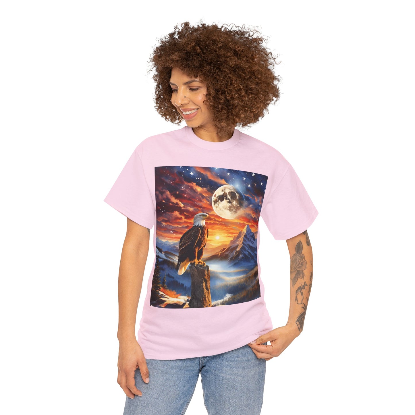 Unisex Heavy Cotton Tee - Unity's Watch: A Bald Eagle's Vigil Beneath the Stars and Stripes