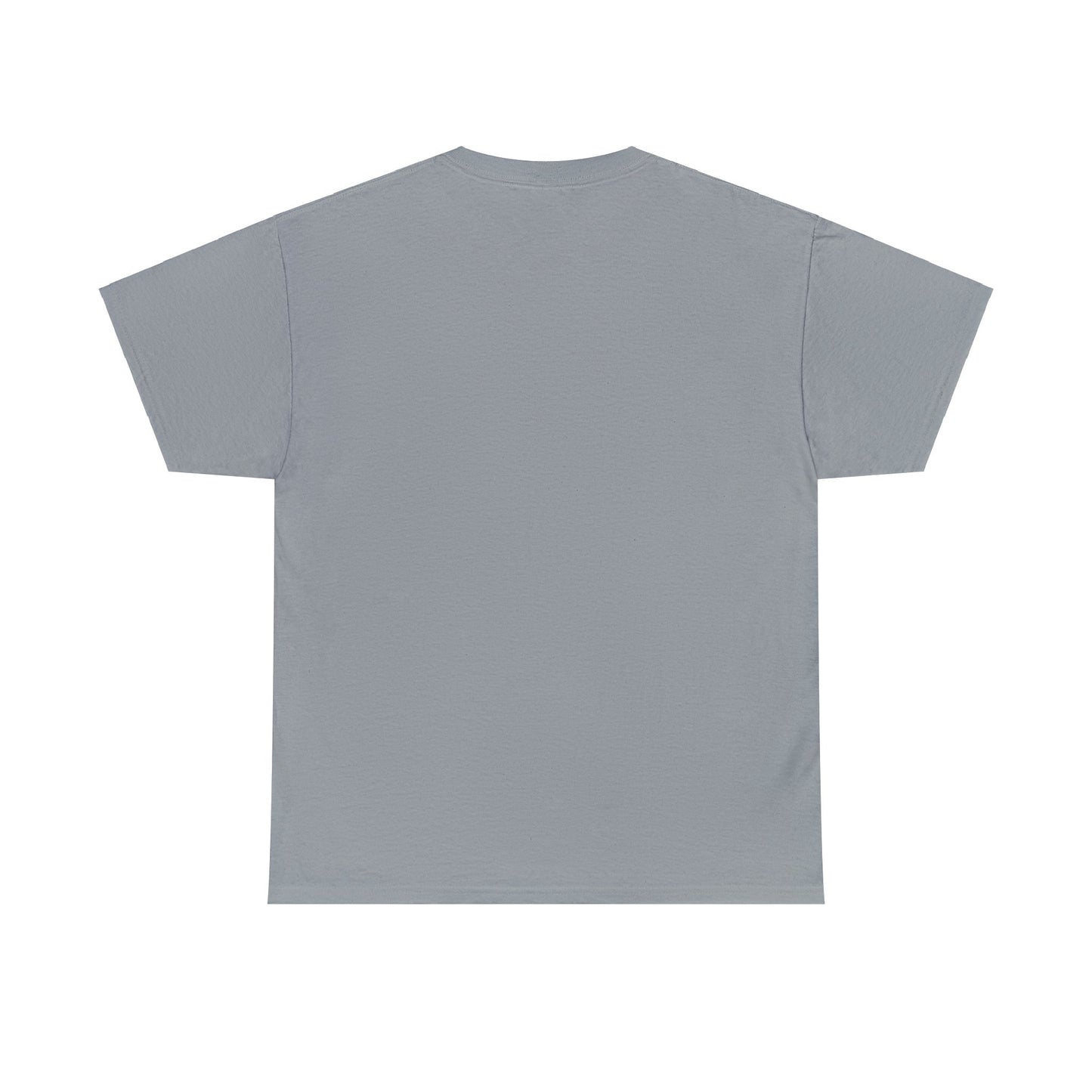 Back view of the "Unisex Heavy Cotton- Don't Judge Me Elf" t-shirt in a plain gray color with short sleeves on a white background, crafted from 100% cotton in a classic fit.