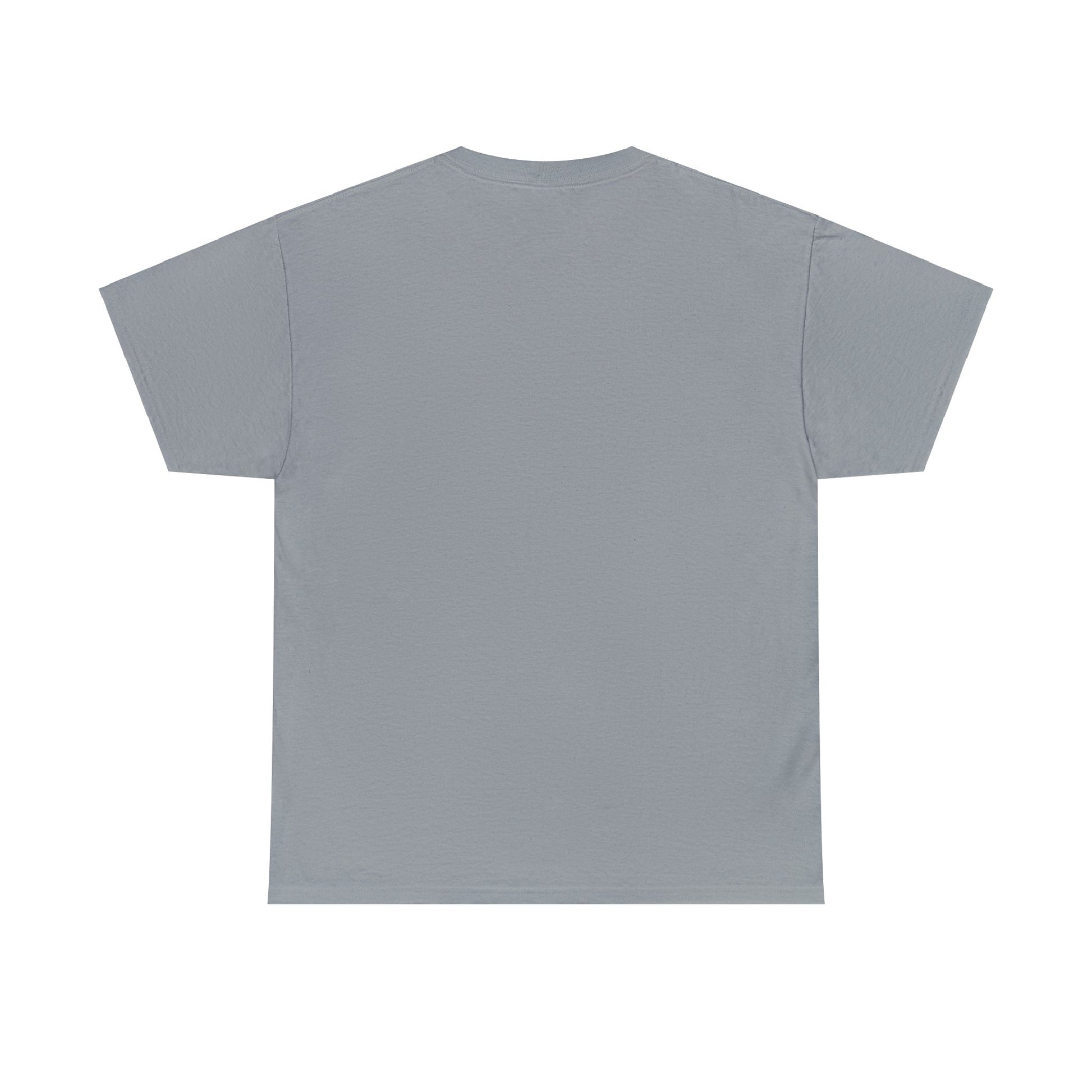 Back view of the "Unisex Heavy Cotton- Don't Judge Me Elf" t-shirt in a plain gray color with short sleeves on a white background, crafted from 100% cotton in a classic fit.