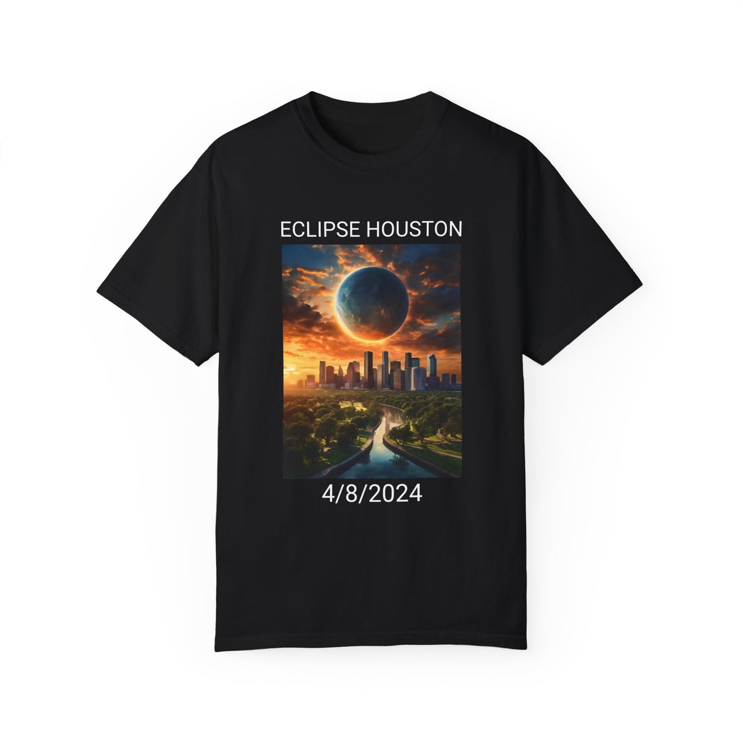 Experience ultimate comfort with our Stylish Comfort Unisex T-shirt. This garment-dyed tee features "ECLIPSE HOUSTON" above a city skyline under an eclipse dated 4/8/2024, and is crafted from 100% ring-spun cotton for superior softness, making it perfect for everyday wear.