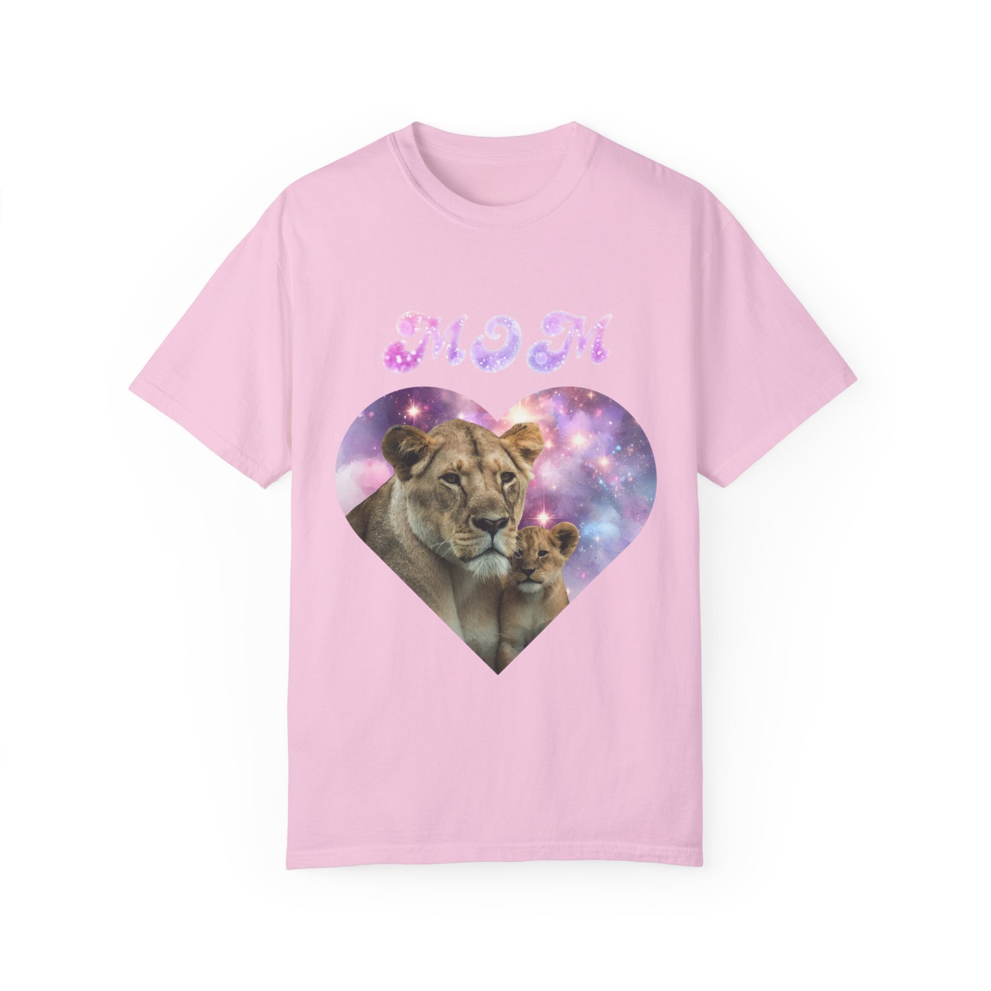 The Stylish Comfort with Unisex Comfort Colors 1717 Garment-Dye T-shirt - Heart of the Cosmos: Mom's Lioness Legacy features a heart-shaped design of a lioness and cub set against a galaxy background. Made from 100% ring-spun cotton, it includes the word "MOM" in glittery text, providing both style and the comfort typical of garment-dyed tees.