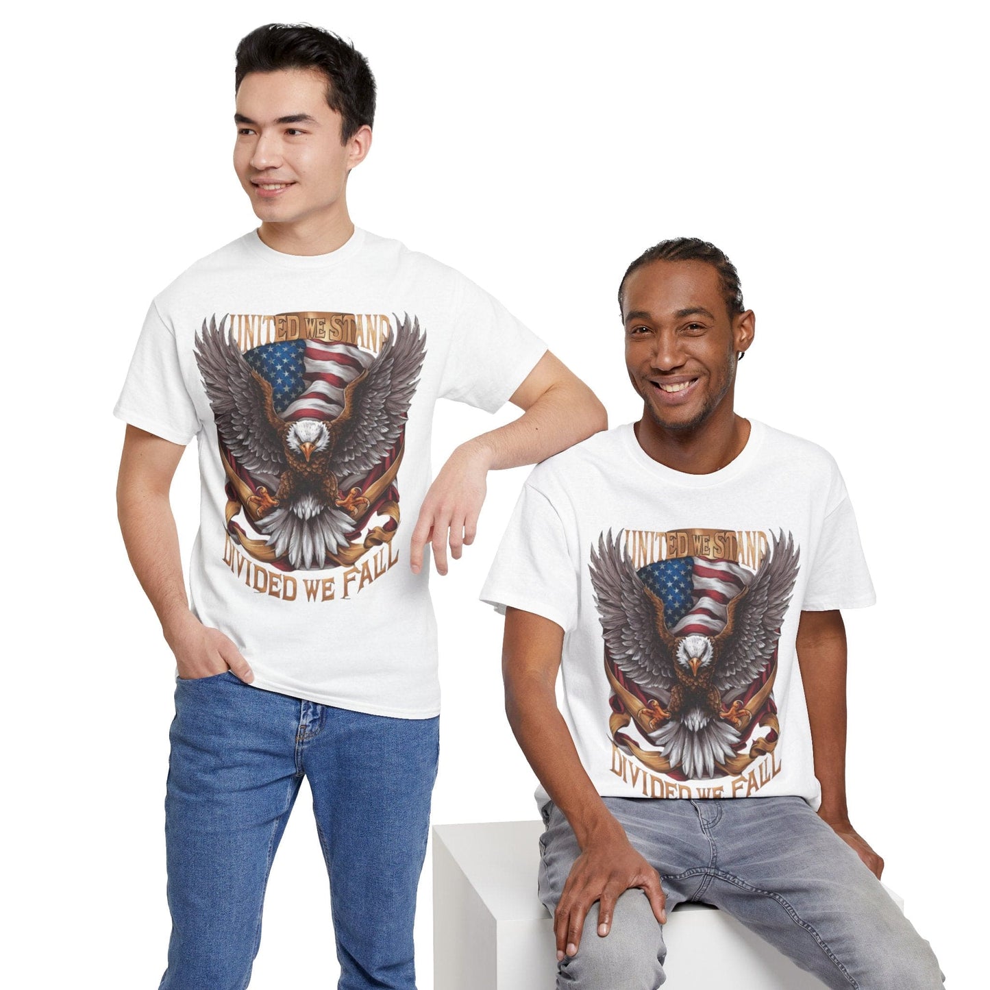 Unisex Heavy Cotton Tee - AMERICA - FLAG AND EAGLE - UNITED WE STAND, DIVIDED WE FALL