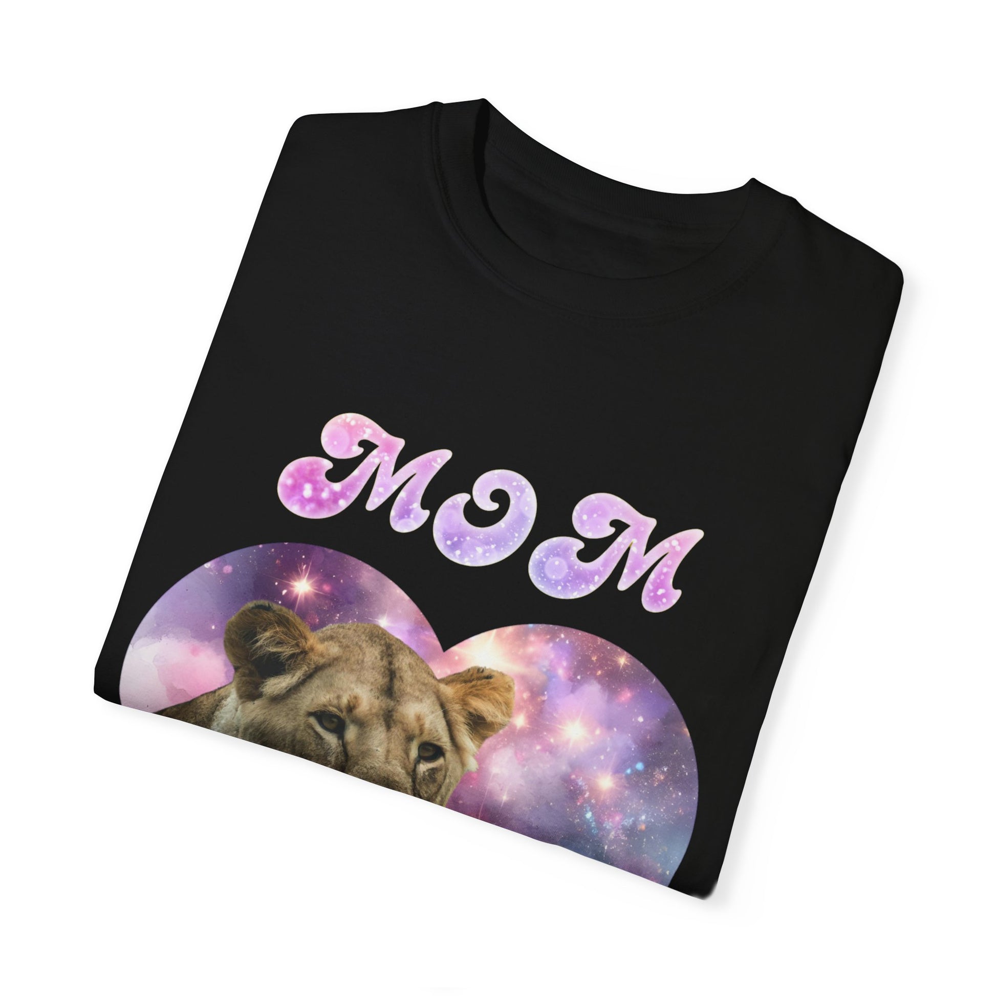 Stylish Comfort with Unisex Comfort Colors 1717 Garment-Dye- T-shirt- Heart of the Cosmos: Mom's Lioness Legacy featuring the word "mom" in decorative script with a lioness and cub inside a heart-shaped galaxy background.